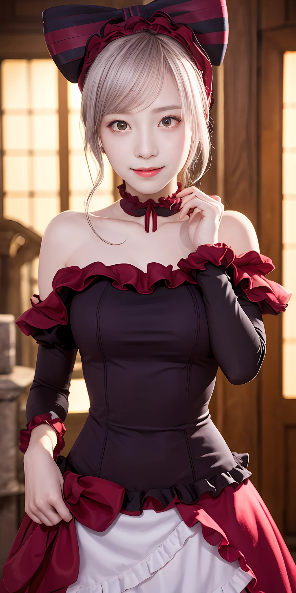 , best quality, ShalltearV4, 1girl, solo, dress, frills, bow, hair bow, fang, slight smile, pale skin, glowing, glowing eyes, portrait