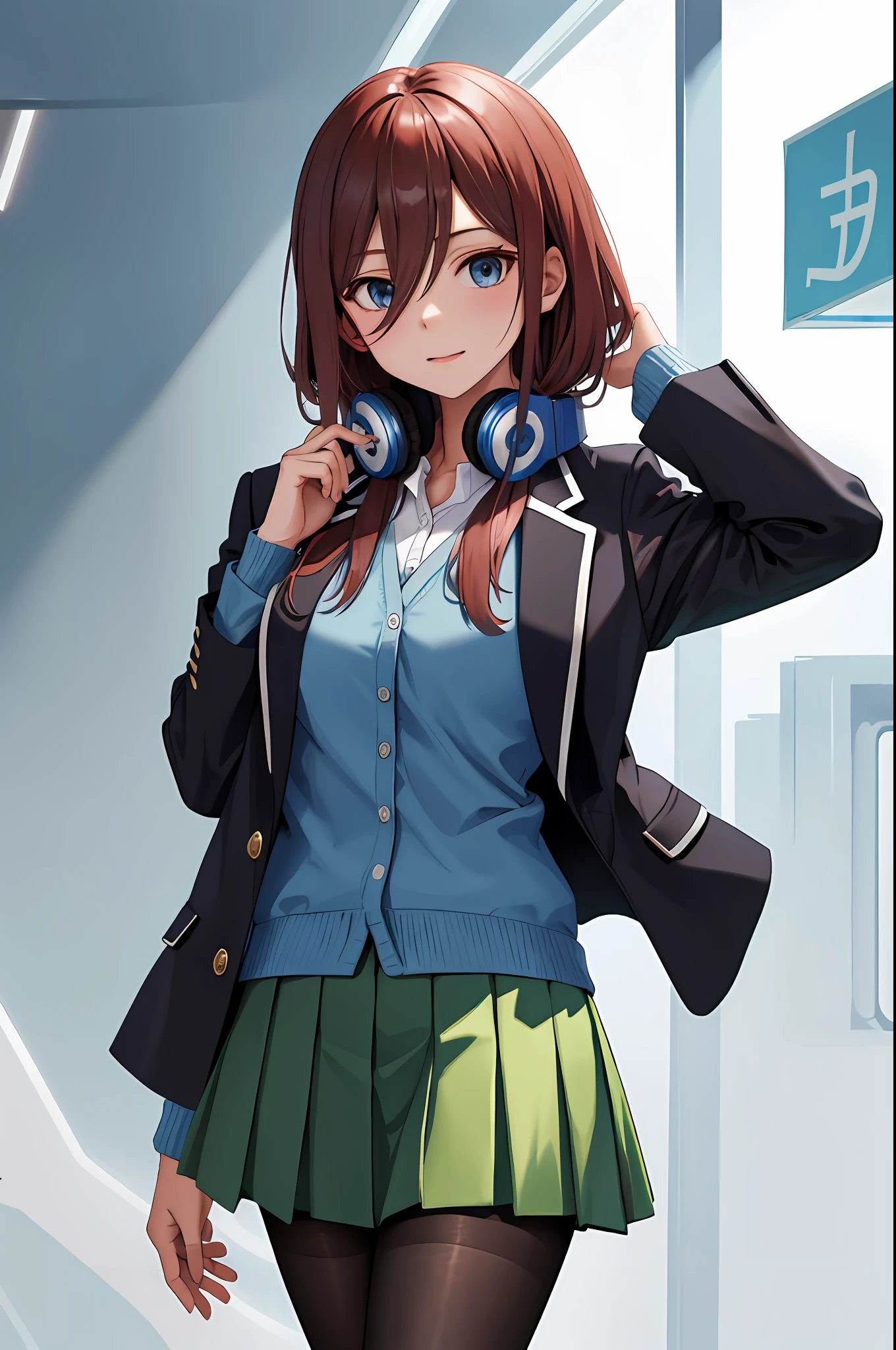 masterpiece, best quality, highres, nm1, headphones around neck, school uniform, long sleeves, blue cardigan, green skirt, pantyhose, black jacket, open jacket, cowboy shot, standing,