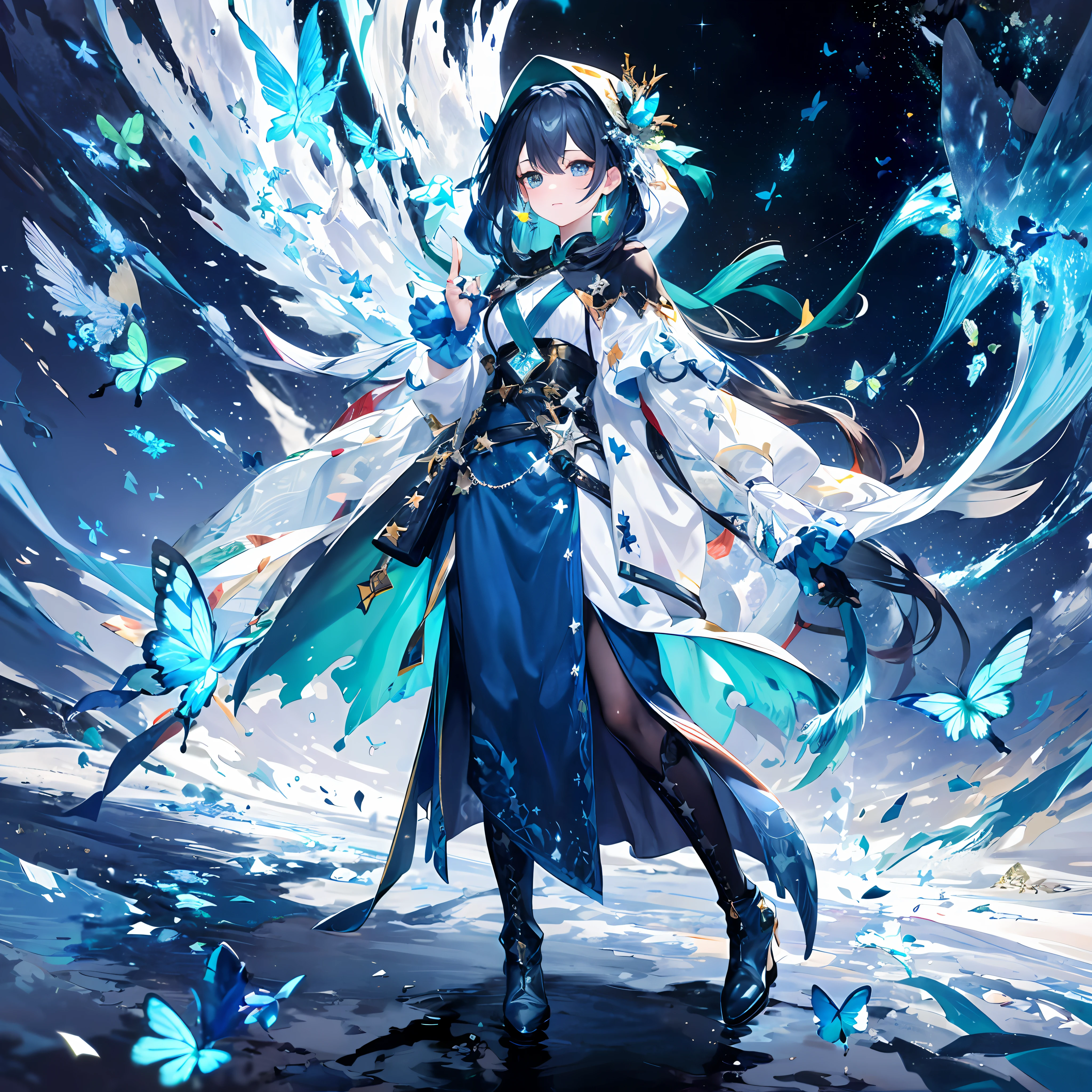 ((ultra - detailed)),((illustration)),((tmasterpiece)),(((Need))),((美丽细致的眼睛)),(the Extremely Detailed CG Unity 8K Wallpapers,best qualtiy,tmasterpiece),((4K,tmasterpiece,best qualtiy)),A woman with a sisterly feel but a little mature,Long dark blue hair,Long hair and waist,Loose hair,Shawl,Emerald green eyes,(solo person),flatchest,A sky full of stars,The left hand is slightly raised,There is a ring on the ring finger of the left hand,Dark blue oversized swung princess maxi dress,Wearing a large dark blue trench coat,Stars hide under the skirt,Cloak,Dark blue butterflies flutter around you,Theater background,Star curtain,Wearing a dark blue veil with stars,Suspenders,The right hand wears a gradient blue star glove,(Whole body diagram),Smaller eyes,(Beautiful face:1.2),(floated hair:1.2),((Gorgeous starry sky background)),Wearing a hood,The river of stars surged under your feet,Dark blue boots,Next to her is a huge celestial black hole