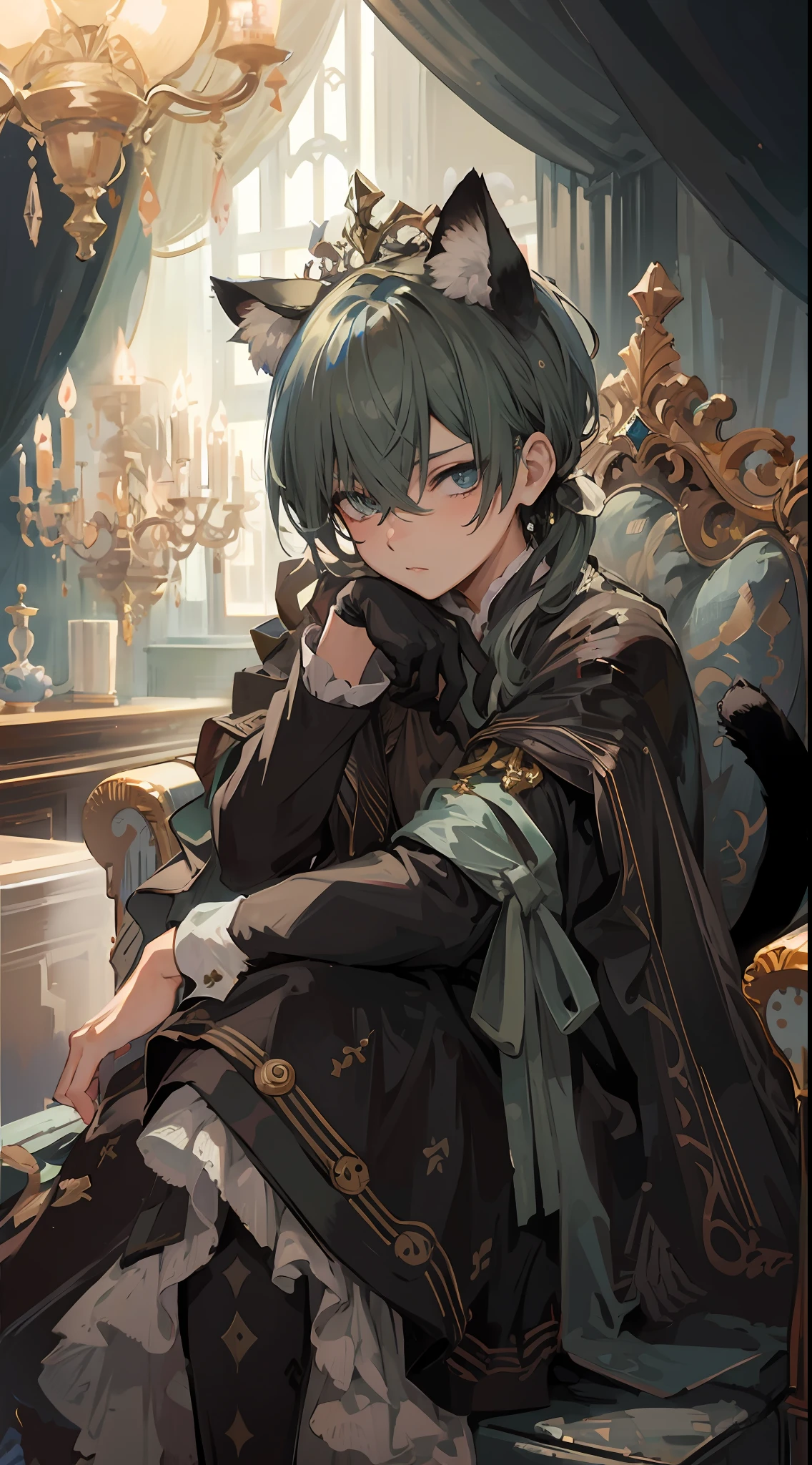 Anime - style image of a man dressed in black prince sitting on a chair, Beautiful prince, Trending on ArtStation pixiv, ((wearing aristocrat robe)), royal elegant pose, Delicate prince, Detailed key anime art, guweiz on pixiv artstation, inspired by Masanobu Okumura、Cat-like eyes