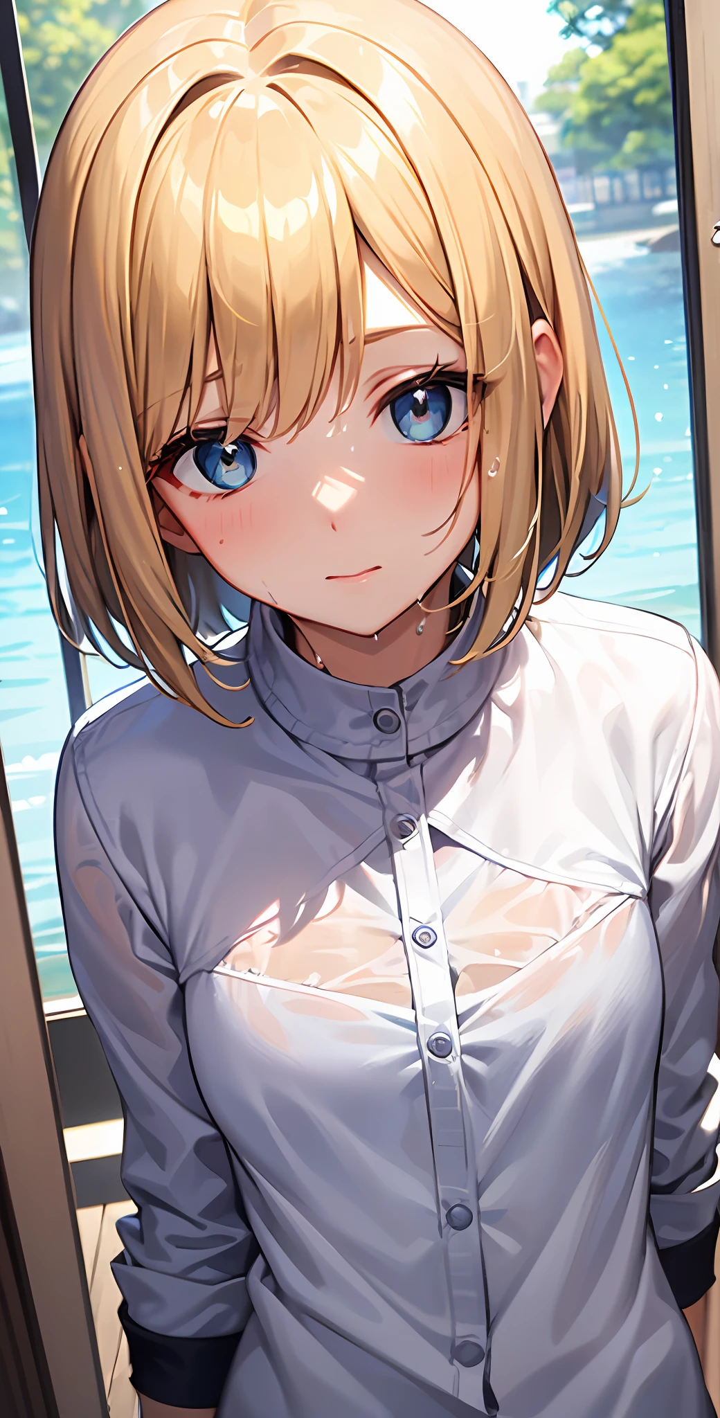 best quality,masterpiece,shiny blonde,blue eyes,white clothes, look down on, upper body,hair strand,Fair skin,short bob,wet