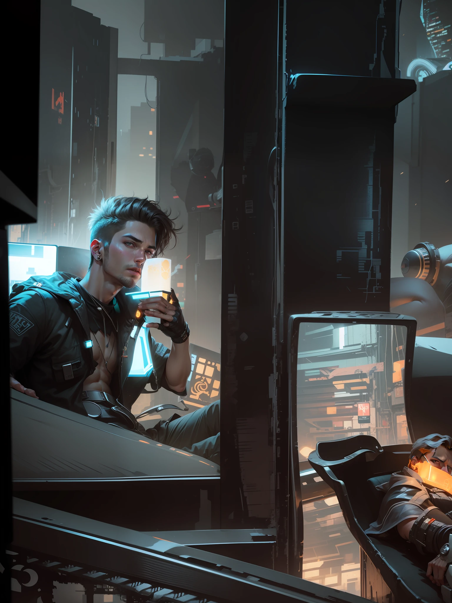Change background cyberpunk handsome boy realistic face, sk, ultra realistic,