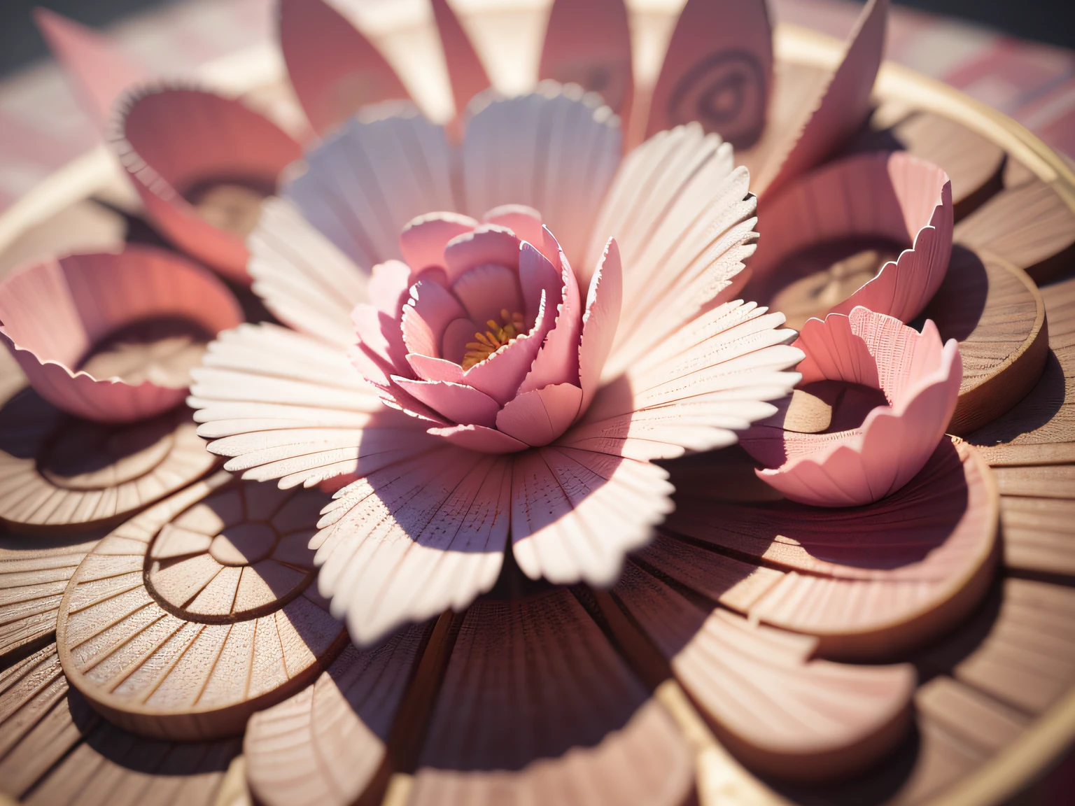 3D relief,Crafted with meticulous precision,Flower carving,illustratio,downy,Chinese traditional style,Multidimensional paper fog on crafts,super wide angle view,dream magical,8K,Romantic pink,A high resolution,8k