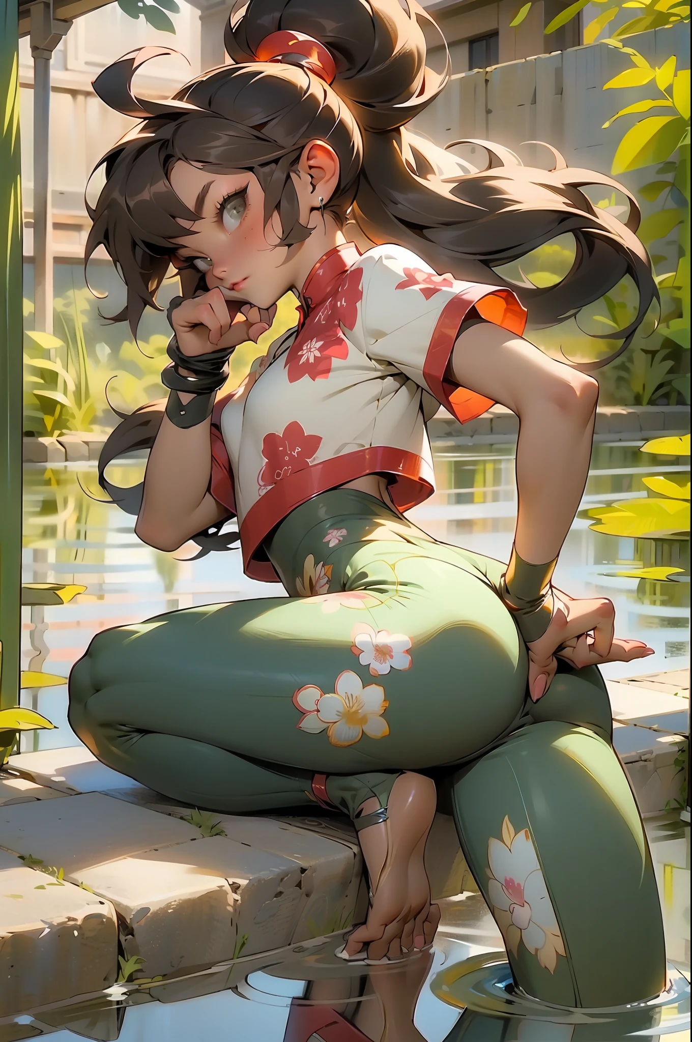 sfv, best qualityer, 超高分辨率, ultral detailed face and eyes, small thong, perfect ass, (Fotorrealista: 1.4), The background is blurred out, 1 rapariga, Side Body, Put your hands behind your back, **** girl, Teenage uncensored, 校服, Side Body, (Therefore: blanche: Green yoga pants), (pale brown: rot: whaite hair: 1,4), looking at viewert, ssmile, fisherman, Little ass, (long leges: 1,2), seios enormes, a narrow waist, Over the wall, camel's foot,