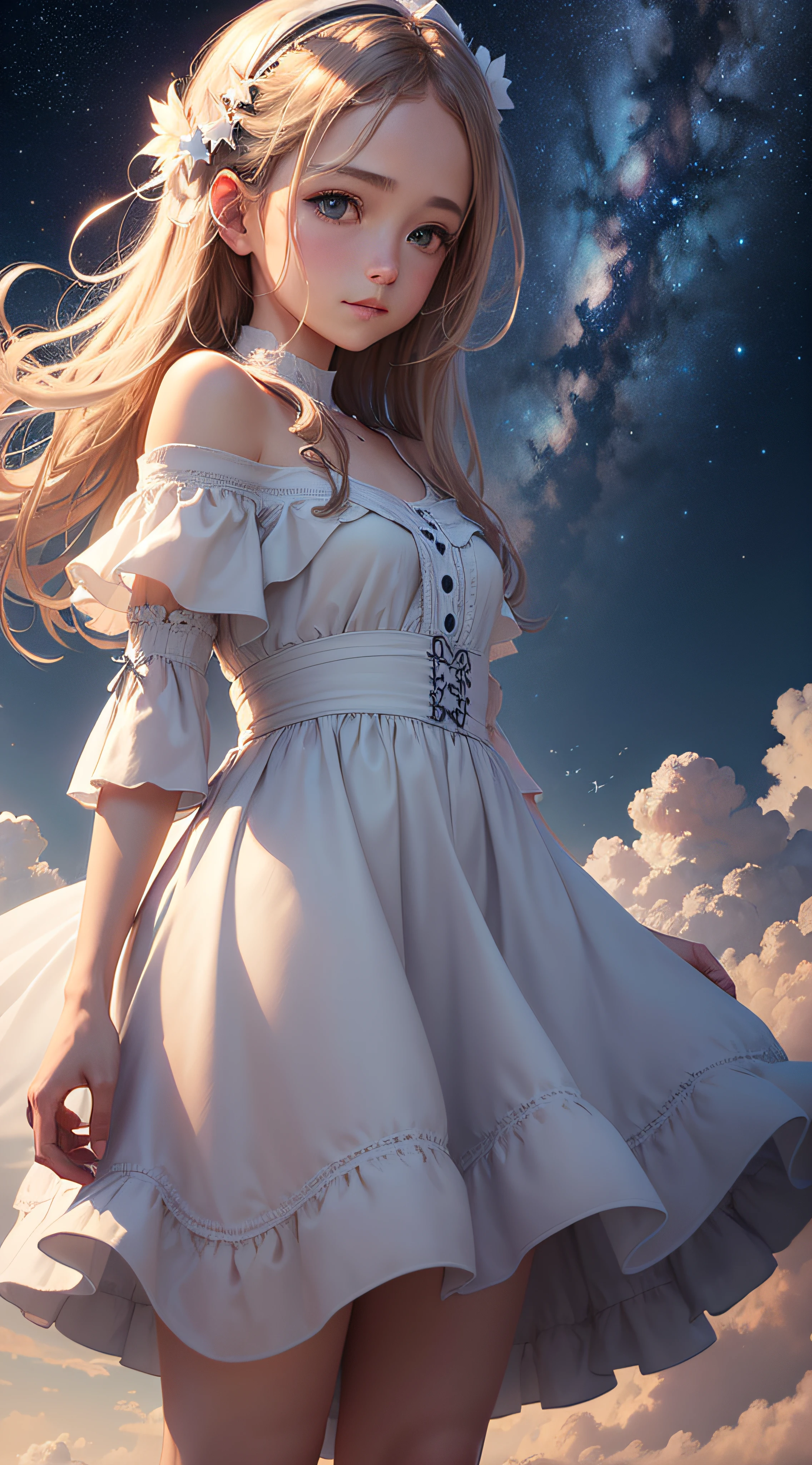 Using advanced digital art techniques, the artist crafts the cloud formations with soft edges and a blend of subtle hues to evoke a sense of tranquility and magic. The stars are rendered with a luminous glow to captivate the viewer's gaze. The final artwork is meticulously polished in high-resolution --auto