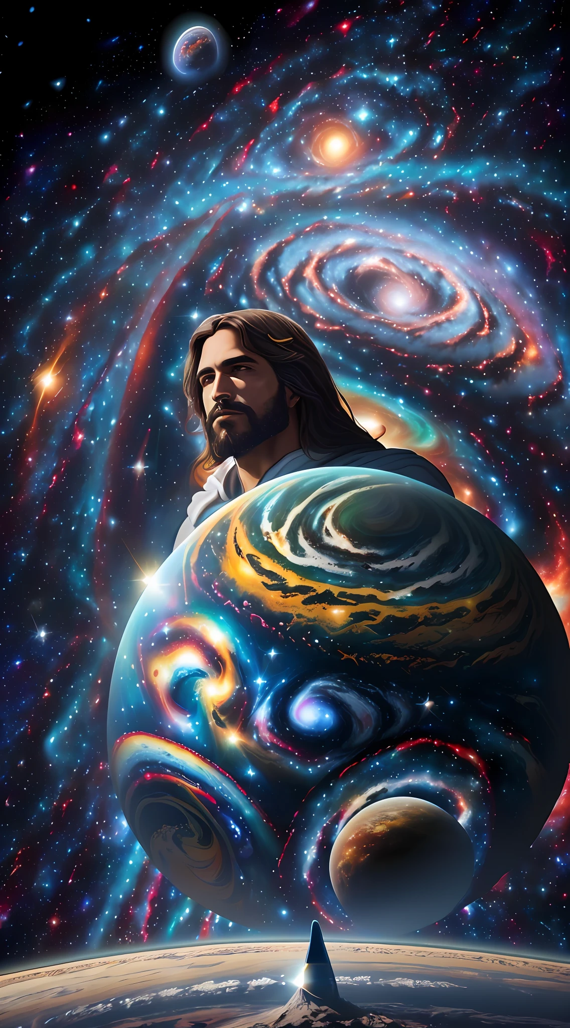 (Jesus Cristo, (galaxy creator + Galaxies in the background:1.2), (Planeta Terra:0.8)) com o mundo na palma das maos, (Jesus Cristo, (galaxy creator + Galaxies in the background:1.2), (Planeta Terra:0.8)) Construindo o planeta.