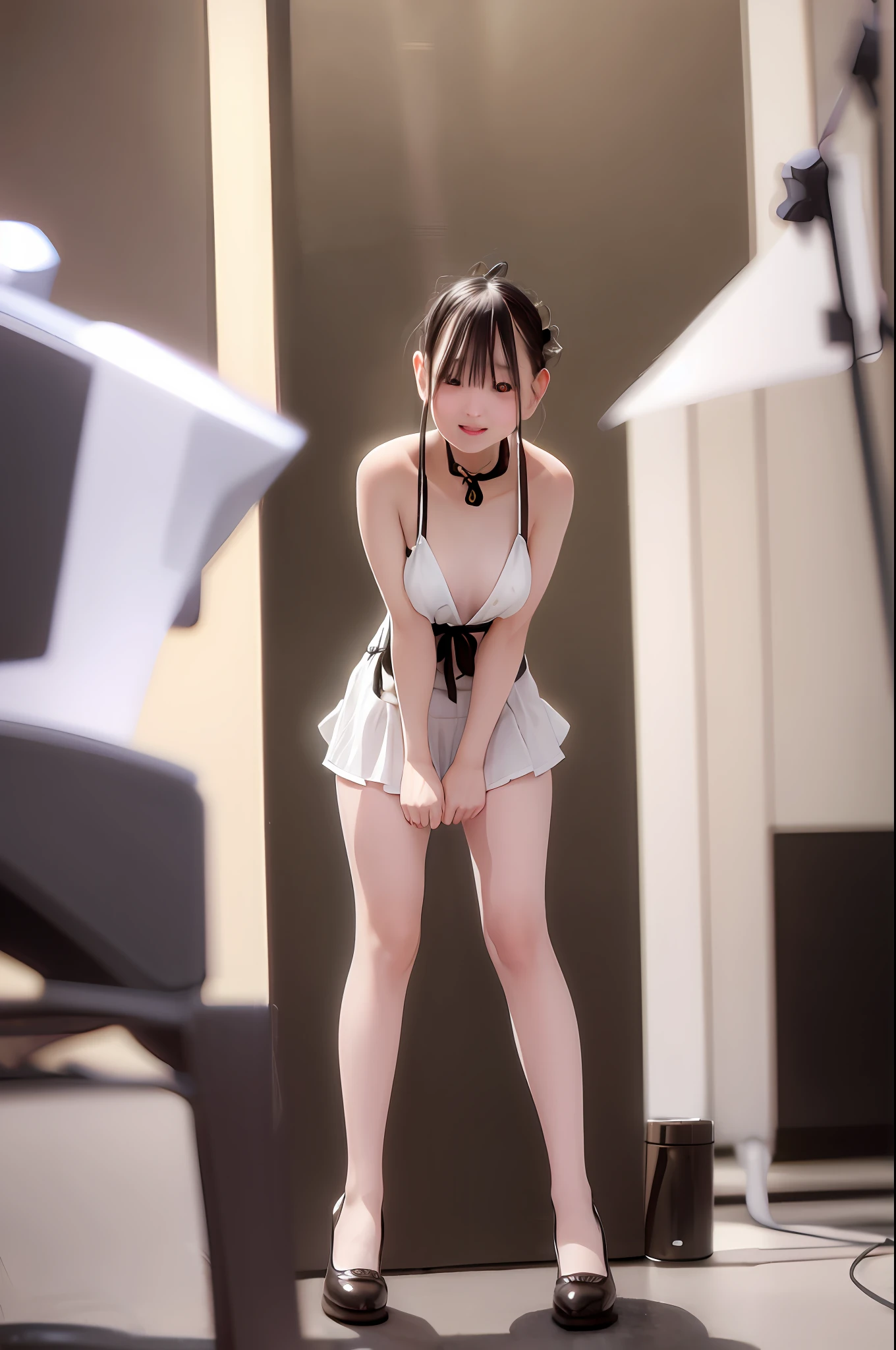 (8K、top-quality、​masterpiece:1.2)、(realisitic、Photorealsitic:1.37)、ultra-detailliert、
 girl、Sit on a chair and boldly open your legs、(A smile:1.15)、(a closed mouth)tiny chest、beatiful detailed eyes、