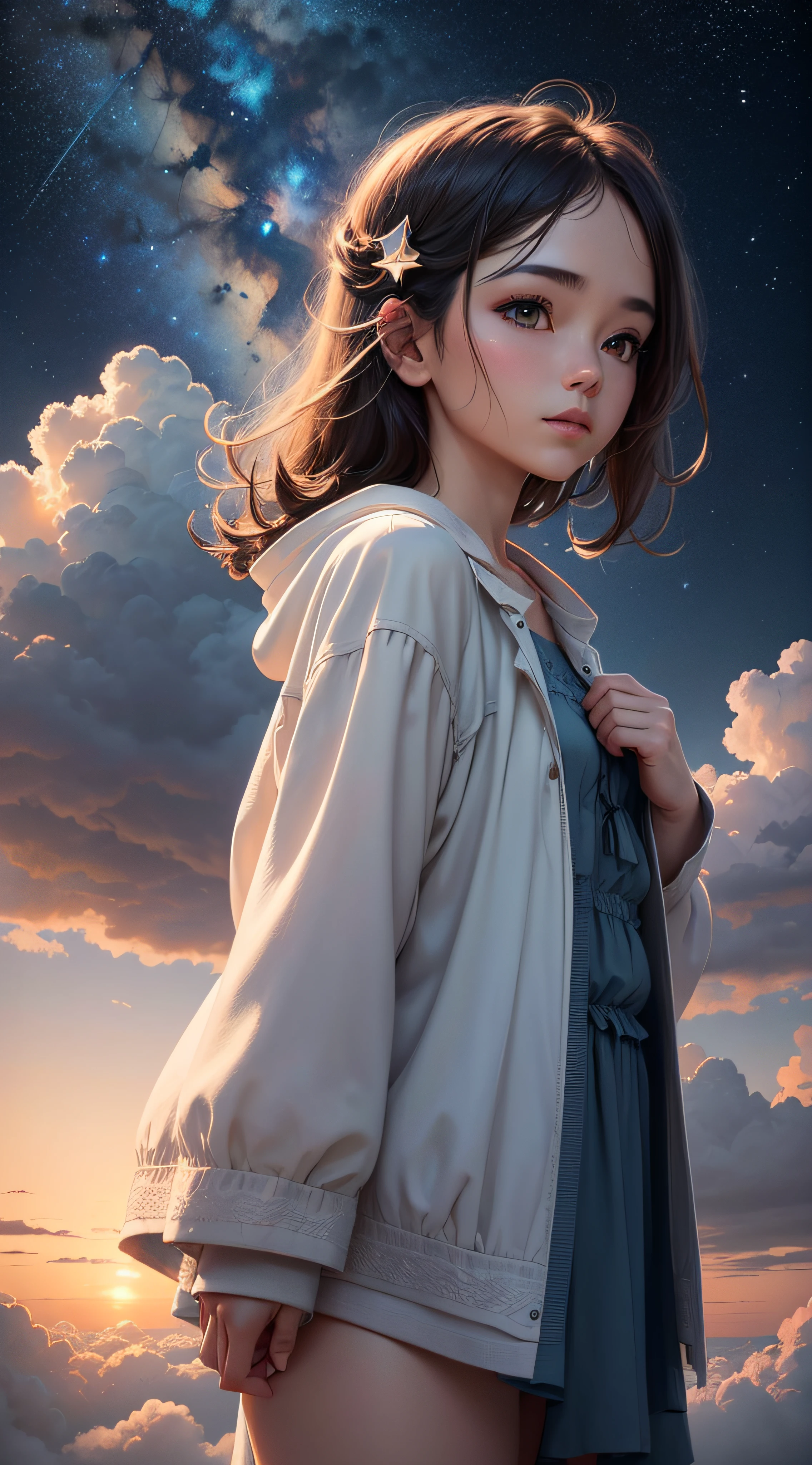 Using advanced digital art techniques, the artist crafts the cloud formations with soft edges and a blend of subtle hues to evoke a sense of tranquility and magic. The stars are rendered with a luminous glow to captivate the viewer's gaze. The final artwork is meticulously polished in high-resolution --auto