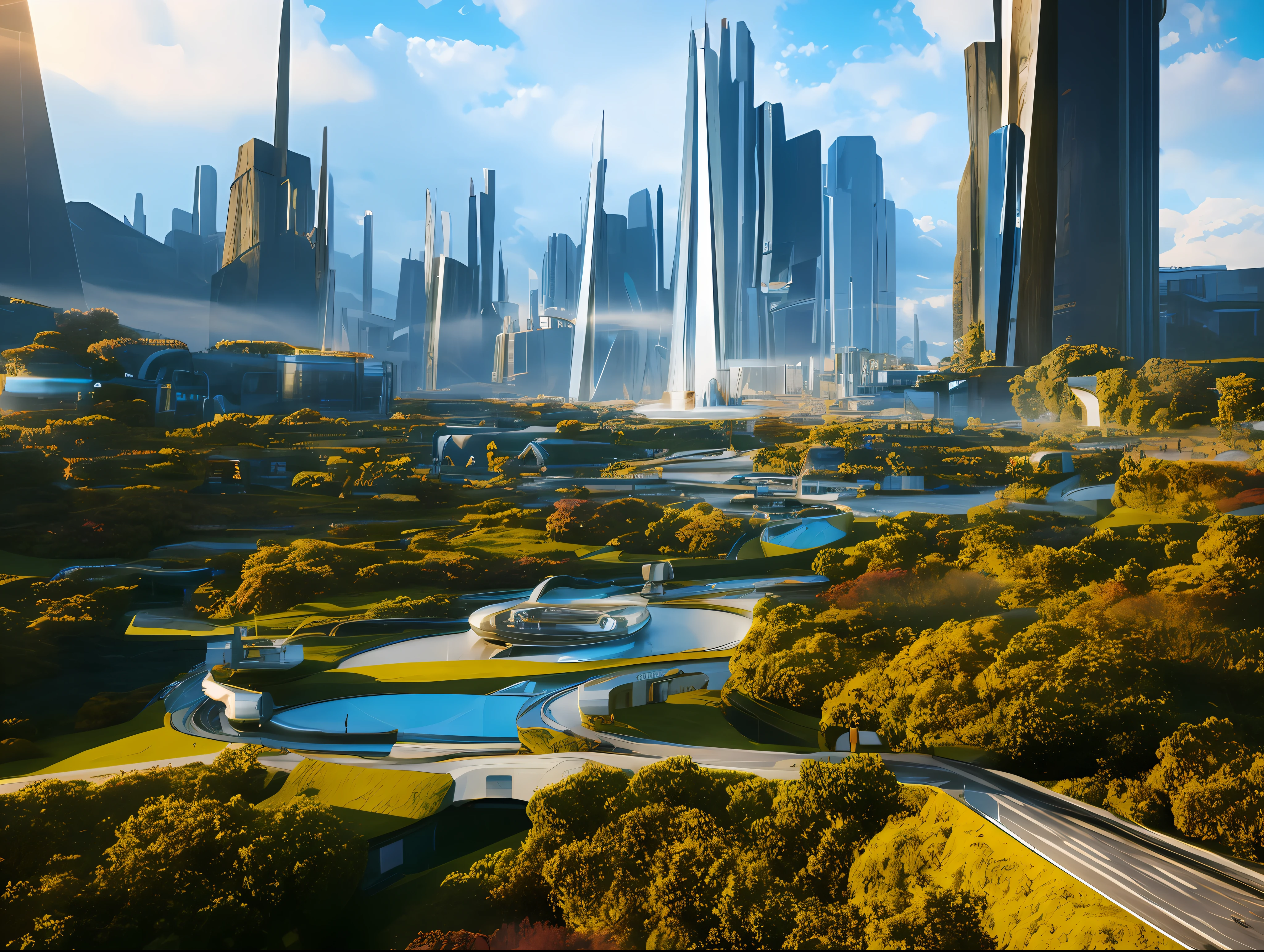 futurecity, day, a bustling city street filled with people walking and riding bicycles. The street is lined with tall buildings, creating a futuristic atmosphere. There are numerous people walking along the sidewalk, some carrying handbags and backpacks. A few individuals are riding bicycles, adding to the lively scene.