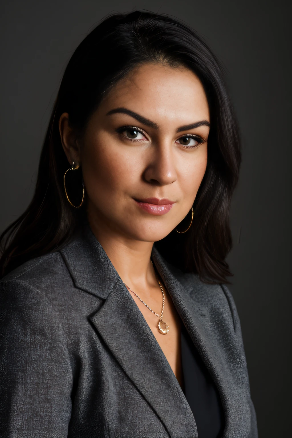 um retrato de uma mulher em um terno feminino, office lady, business suit, beautiful portrait lighting, posing in dramatic lighting, high contrast studio lighting, pele natural, 8k UHD, alta qualidade, filmic grain, Fujifilm XT3