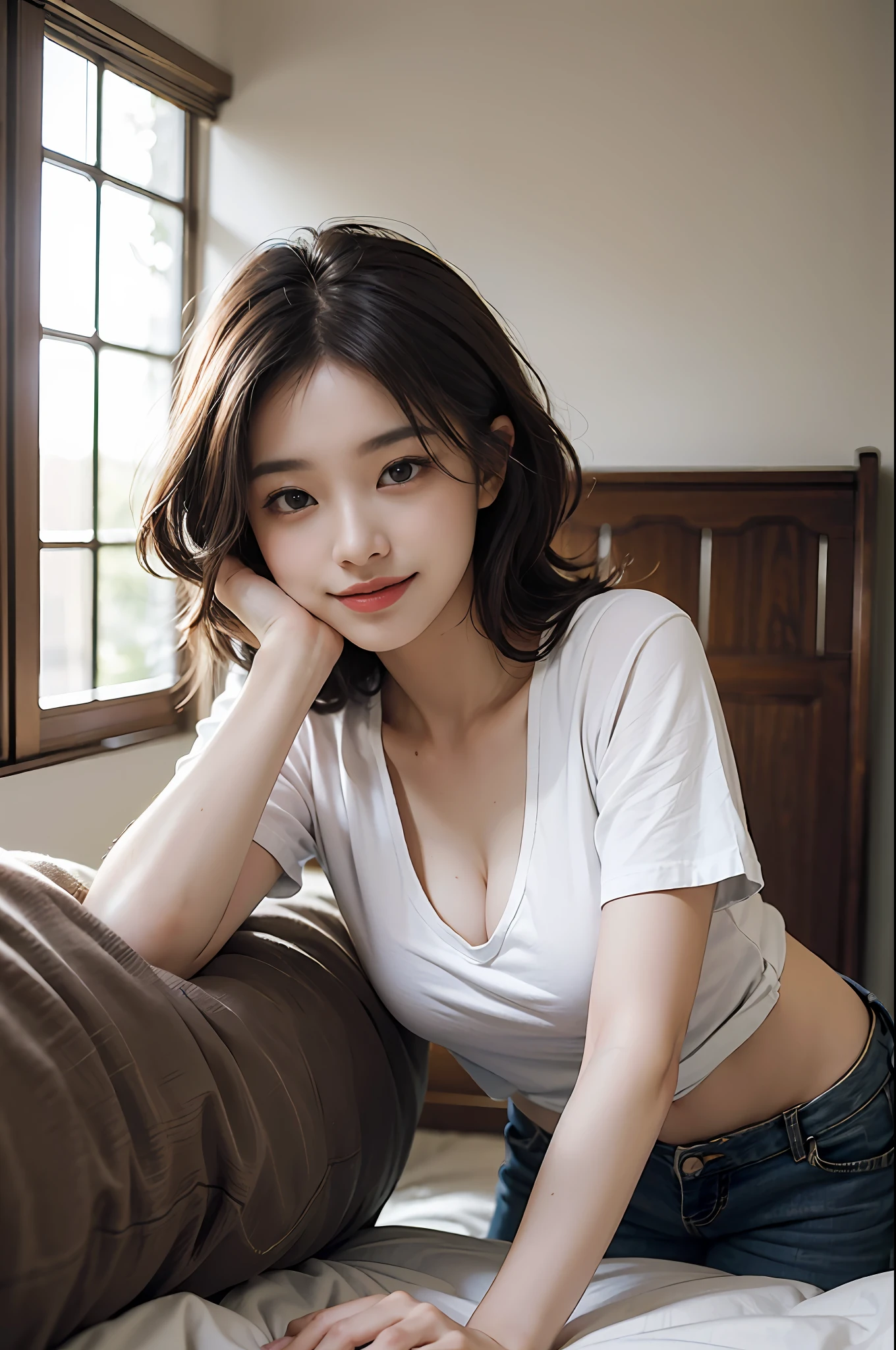 ((mid night、top-quality、8K、masterpiece:1.3)), full body Esbian, long legged, foco nítido:1.2, Beautiful woman with perfect body shape:1.4, Slender Abs:1.1, ((dark brown hair、Colossal tits:1.2)), (Sleep on a futon、open one's legs:1.2)、Long white T-shirt、shortpants:1.1, ((His room、on the bed:1.3)), Highly detailed facial and skin texture, A detailed eye, 二重まぶた、A smile
