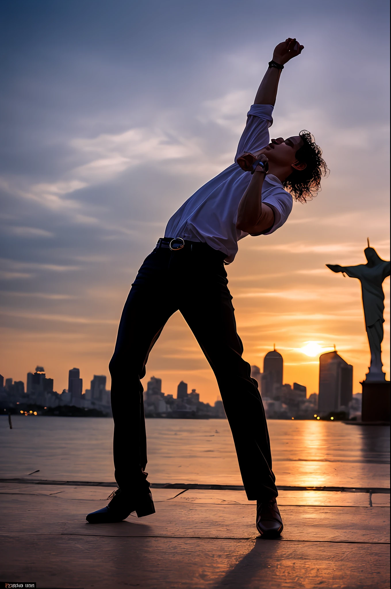 Michael Jackson dancing at Christ the Redeemer Rio de Janeiro spotlights on the floor light clasps cinematic sunset atmospheric great focus realistic photo 8k well detailed intricate masterpiece