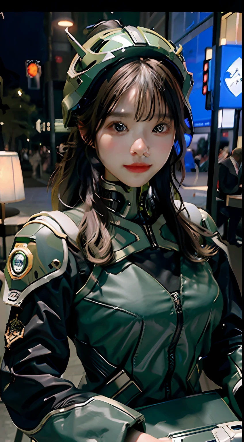 Highest image quality, outstanding details, ultra-high resolution, (realism: 1.4), the best illustration, favor details, highly condensed 1girl, with a delicate and beautiful face, dressed in a black and green mecha, wearing a mecha helmet, holding a directional controller, riding on a motorcycle, the background is a high-tech lighting scene of the future city.