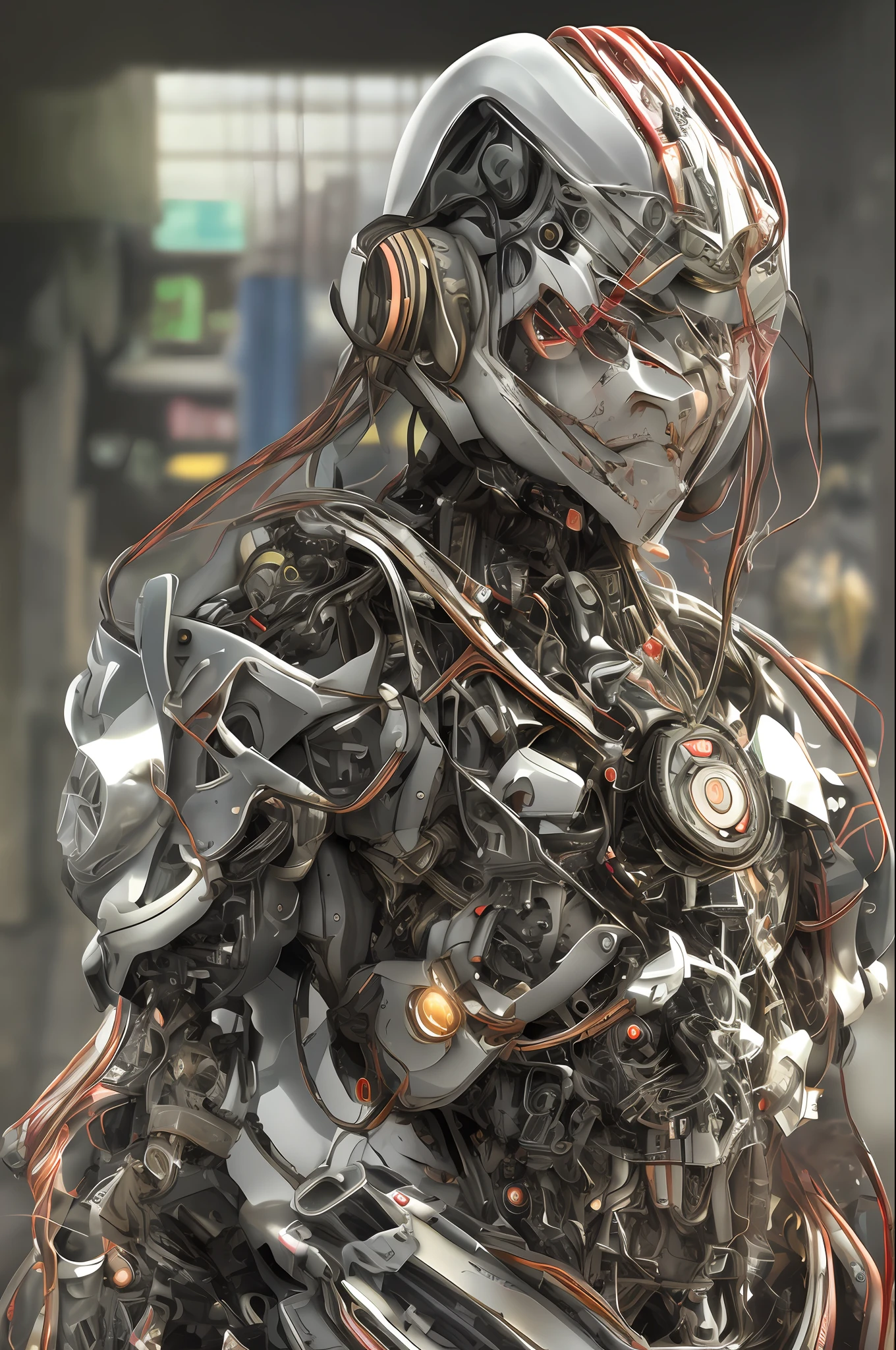 Top Quality, Masterpiece, Ultra High Resolution, (Photorealistic: 1.4), Raw Photo, 1 cyberpunk Girl, Black Hair, Glossy Skin, 1 Mechanical Girl, (Ultra Realistic Detail)), Full body, Global Illumination, Contrast, Shadows, Octane Rendering, 8K, Ultra Sharp, Cleavage Exposed, Raw Skin, Metal, Intricate Ornament Details, Japan Details, Very intricate details, realistic light, CGSoation trend, facing the camera, neon details, mechanical limbs, blood vessels connected to the tube, mechanical vertebrae attached to the back, mechanical cervical attachment to the neck, wires and cables connecting to the head, gundam, small LED lamps.