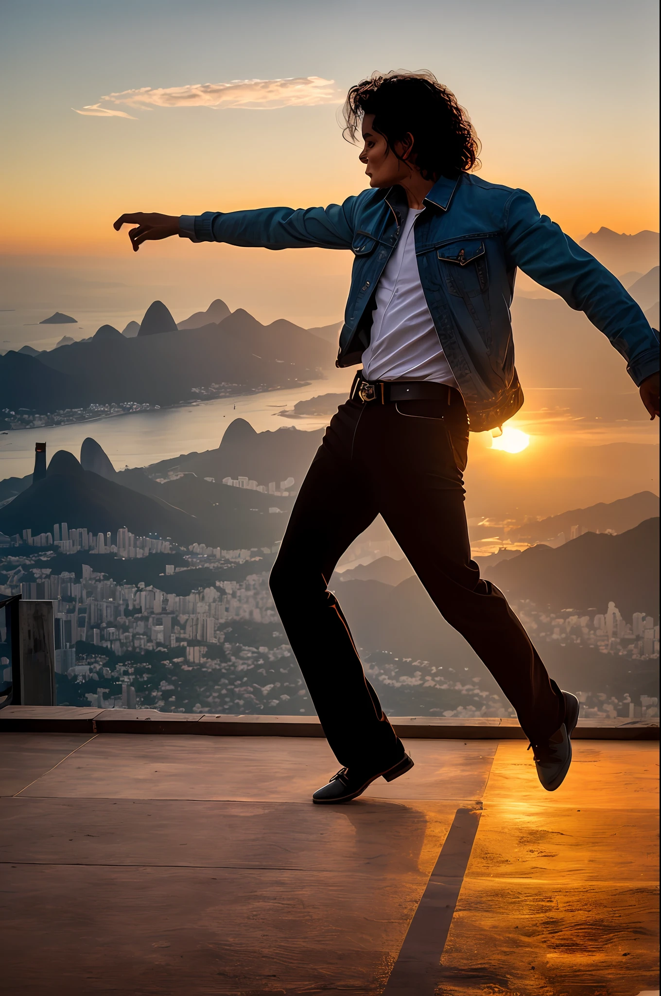 Michael Jackson dancing at Christ the Redeemer Rio de Janeiro spotlights on the floor light clasps cinematic sunset atmospheric great focus realistic photo 8k well detailed intricate masterpiece