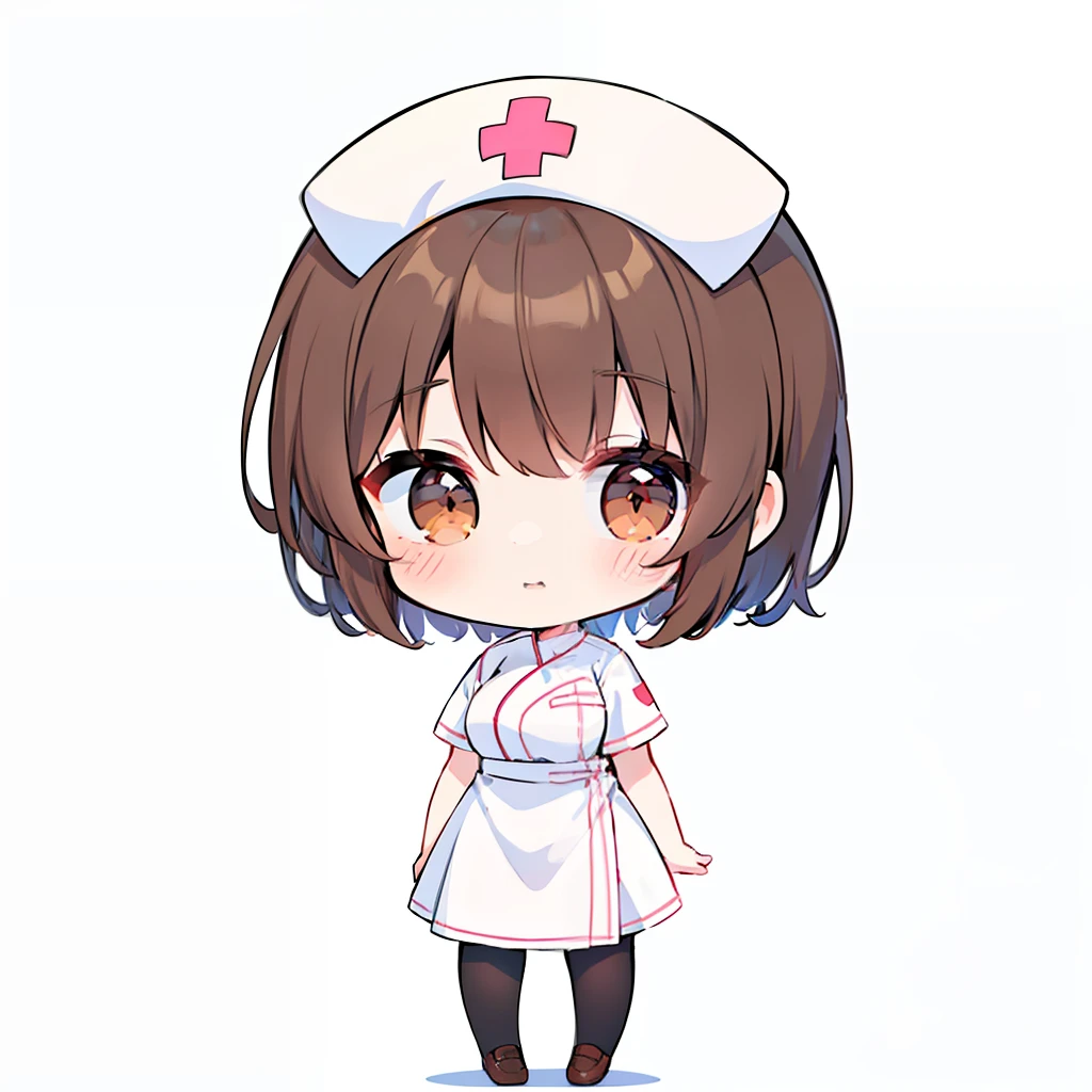 (a very cute and beautiful chibi anime girl), best quality, ultra detailed, 1girl, solo, standing, brown hair, short hair, brown eyes, bangs, medium breasts, ((is wearing white nurse uniform)), stare, white loafer, one eye closed, looking at viewer, simple flat background