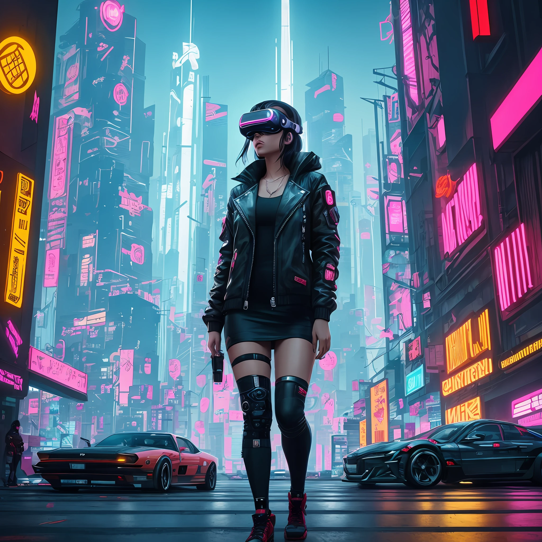A woman in a black jacket and glasses standing in front of futuristic city, VR game, cyberpunk atmosphere, cyberpunk atmosphere, deep into the metaverse where we go, there is cyberpunk style, cyberpunk theme, in cyberpunk 2077, cyberpunk futuristic, cyberpunk future, synthwave, wearing cyberpunk streetwear, futuristic cyberpunk, cyberpunk technology, retro cyberpunk, synthwave style --auto