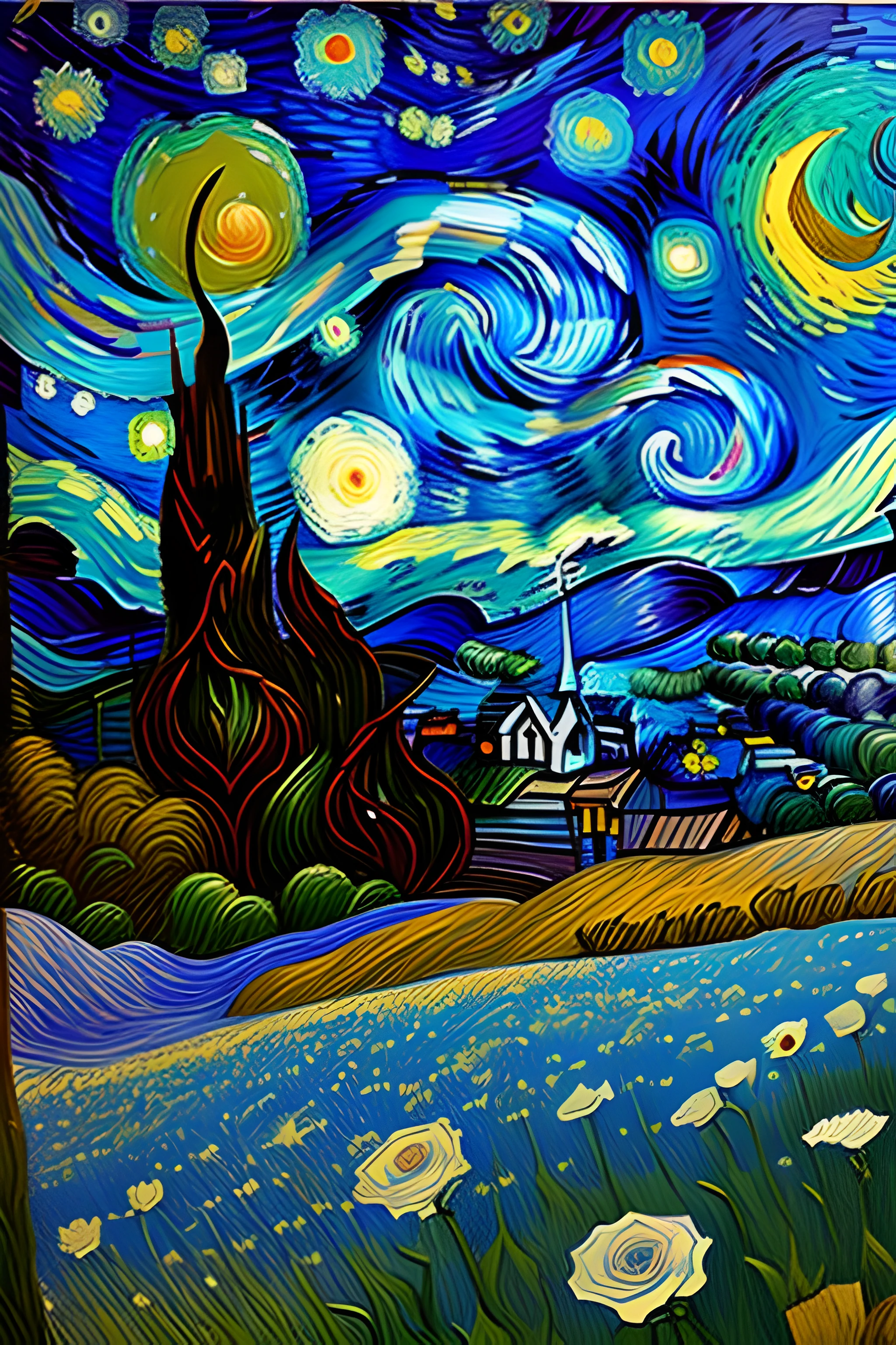 In Van Gogh-inspired paintings, Spinner roses, Bright colors breathe life into the flowers. The starry sky echoes the artist's signature style.