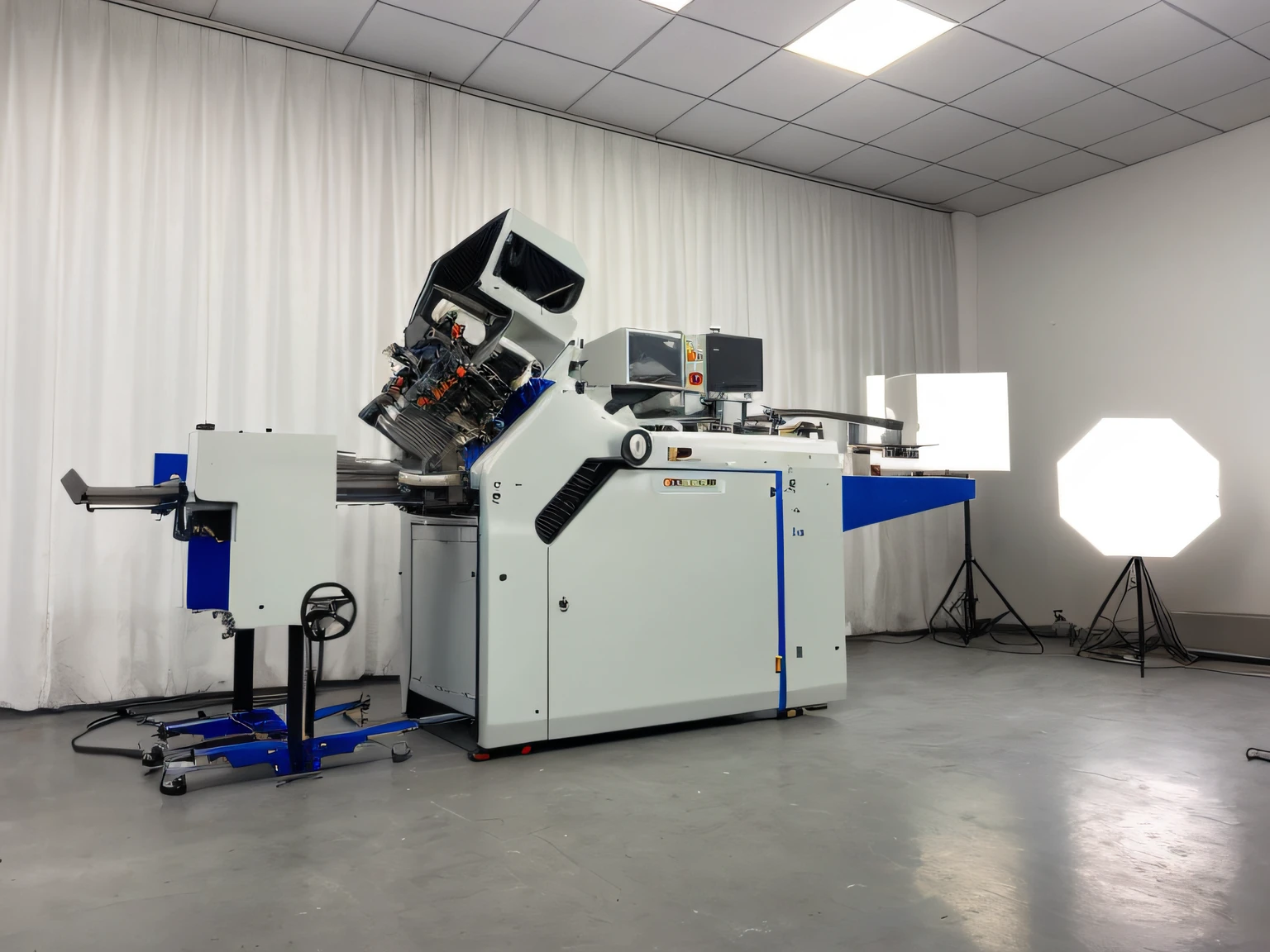 There was a machine sitting in a room with white curtains, introduction factory photo, electrostatics, Offset printing technology, Offset lithography, wide long view, wide long shot, Long lens, wide angle lens, full lens, Large format, full body wide shot, long shot view, 4 0 9 6, commercial photograph, photograph taken in 2 0 2 0 --auto