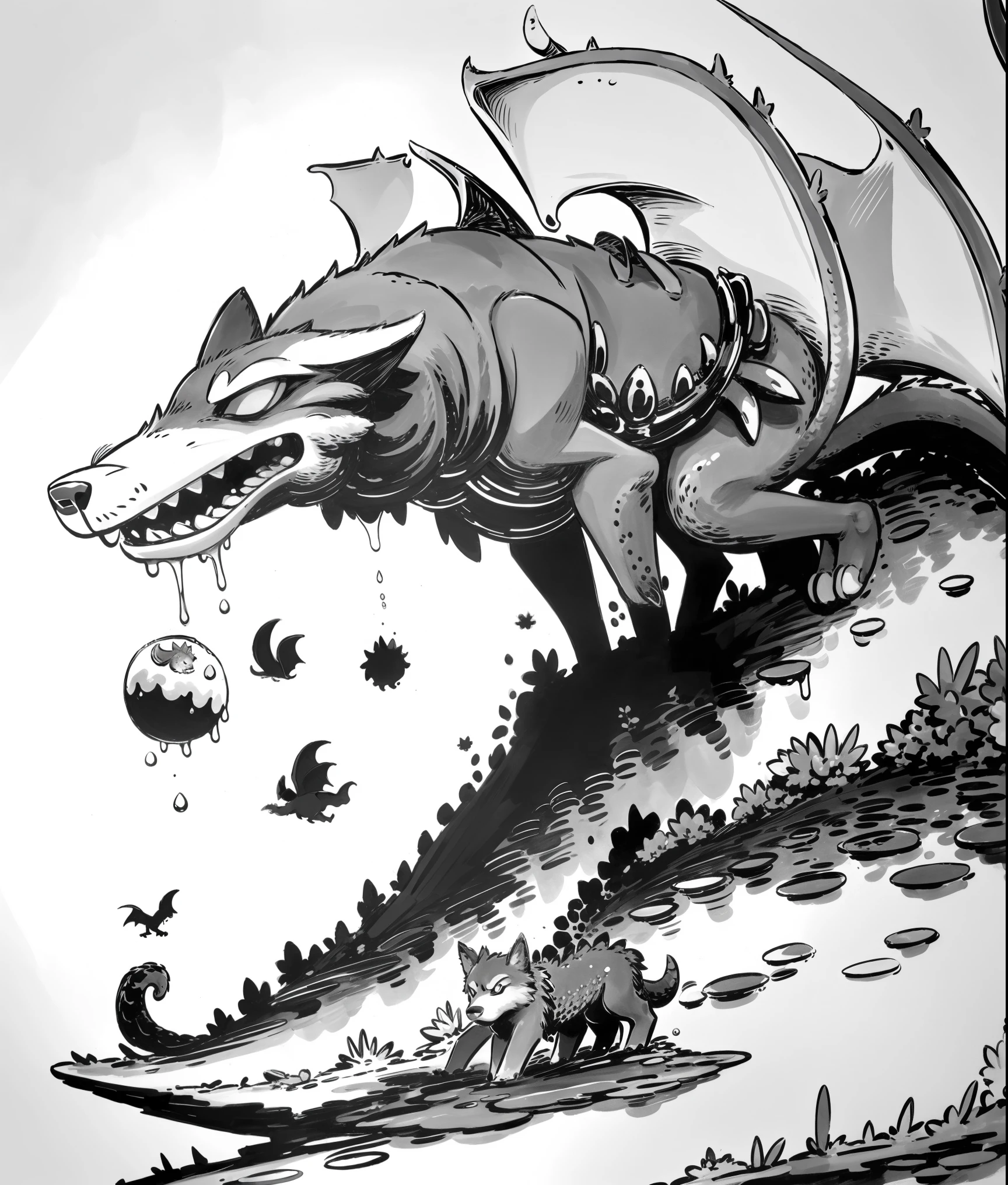 (in dripping art style) Intuition, This wolf senses the impending arrival of Dragons, making it an excellent pet for veteran Dragon Hunters, dripping, Masterpiece, Best Quality