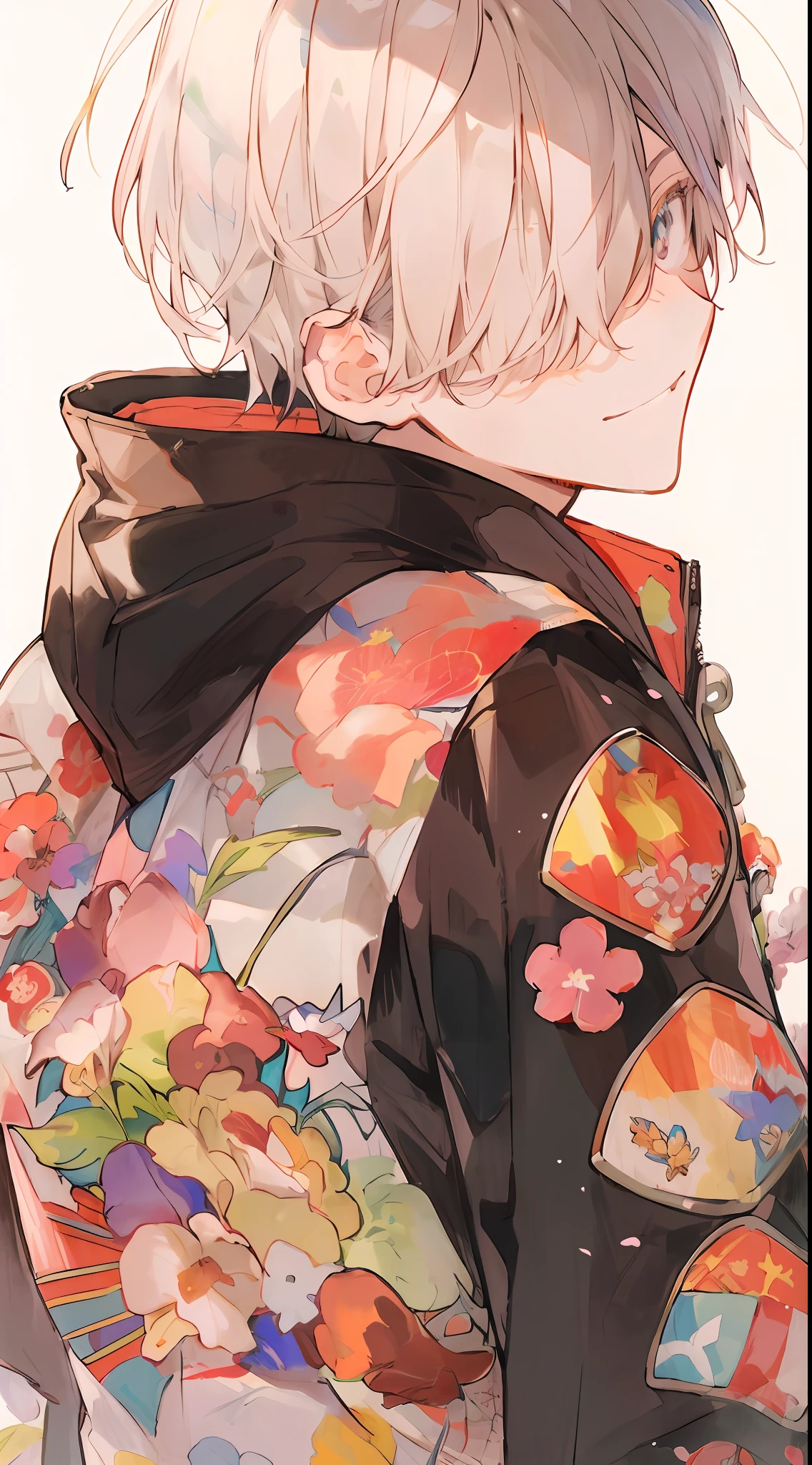 Anime boy with jacket and flowers on his back, by Yanagawa Nobusada, zerochan, zerochan art, by Shitao, shigenori soejima illustration, Wearing a hoodie and flowers, by Kamagurka, by Yamagata Hiro, Floral!, Ken Kaneki, by Kamisaka Sekka, by Eizan Kikukawa、One eye is hidden by bangs