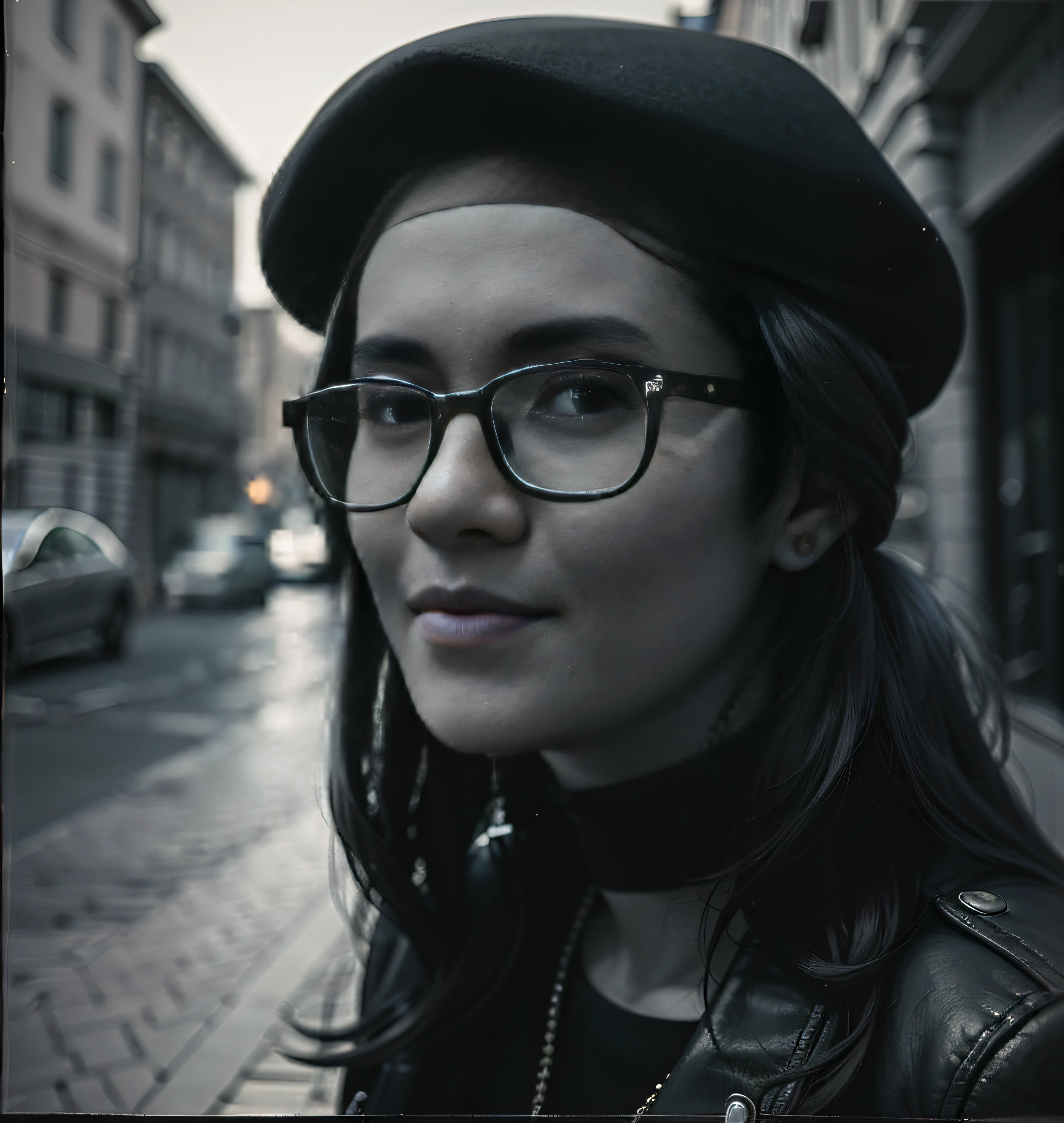 arafed woman wearing glasses and a beret standing on a sidewalk, girl with glasses, high quality portrait, cinematic portrait, soft portrait shot 8 k, 60mm portrait, editorial portrait, portrait shot 8 k, girl wearing round glasses, close up portrait photo, 7 0 mm portrait, atmospheric portrait, black glasses, close - up portrait shot