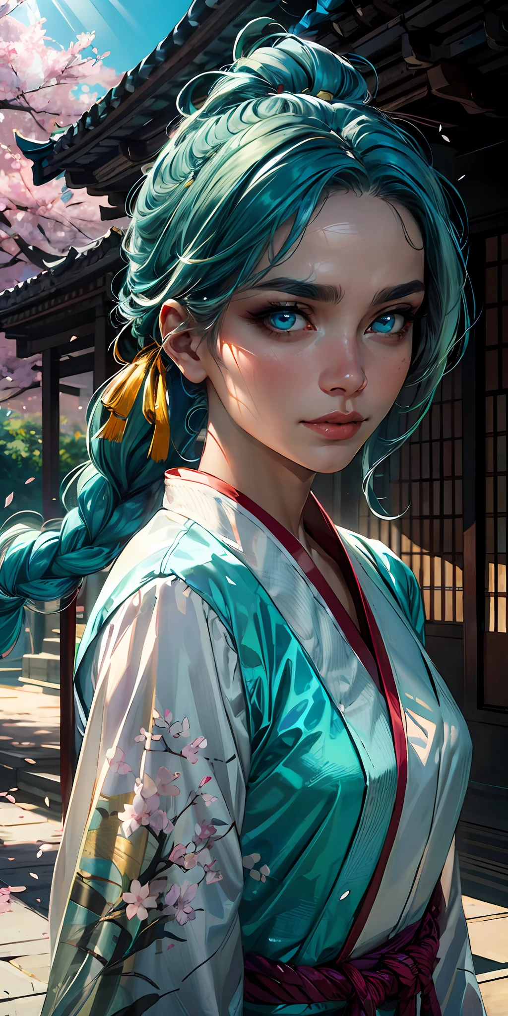 (masterpiece, sidelighting, finely detailed beautiful eyes: 1.2), masterpiece*portrait, realistic, 3d face, glowing eyes, shiny hair, lustrous skin, solo, embarassed,(photorealistic:1.4),
1girl,solo,blue eyes,braid, bangs ,long hair,blue hair,aqua hair,green hair, beautiful eyeshadow, eyeliner,beautiful makeup,zentangle,Tyndall effect,
best quality,ultra high res,1girl,solo,upper body,sunlight,cherry blossoms,east asian architecture, tsurime,expressionless,closed mouth, white hair,side ponytail,hanfu,