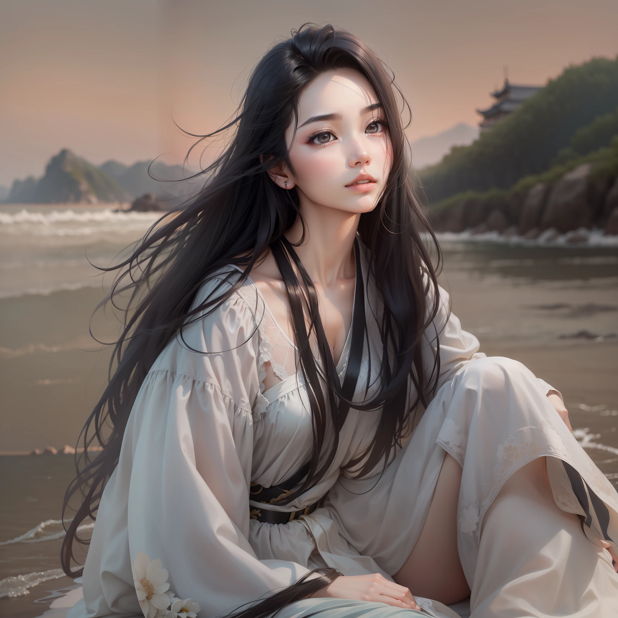 (顶级质量,8K,杰作,:1.3),漂亮女人与完美的身材,A most exquisite Chinese human beauty, long straight black hair, most exquisite, regular features, most beautiful girl, off-the-shoulder, beautiful girl sitting on the shore, soft, dreamlike quality, light white and dark brown, exaggerated features, solid color, frank Holly, light gray and light brown,自然动人,realistic,Ultra high Resolution