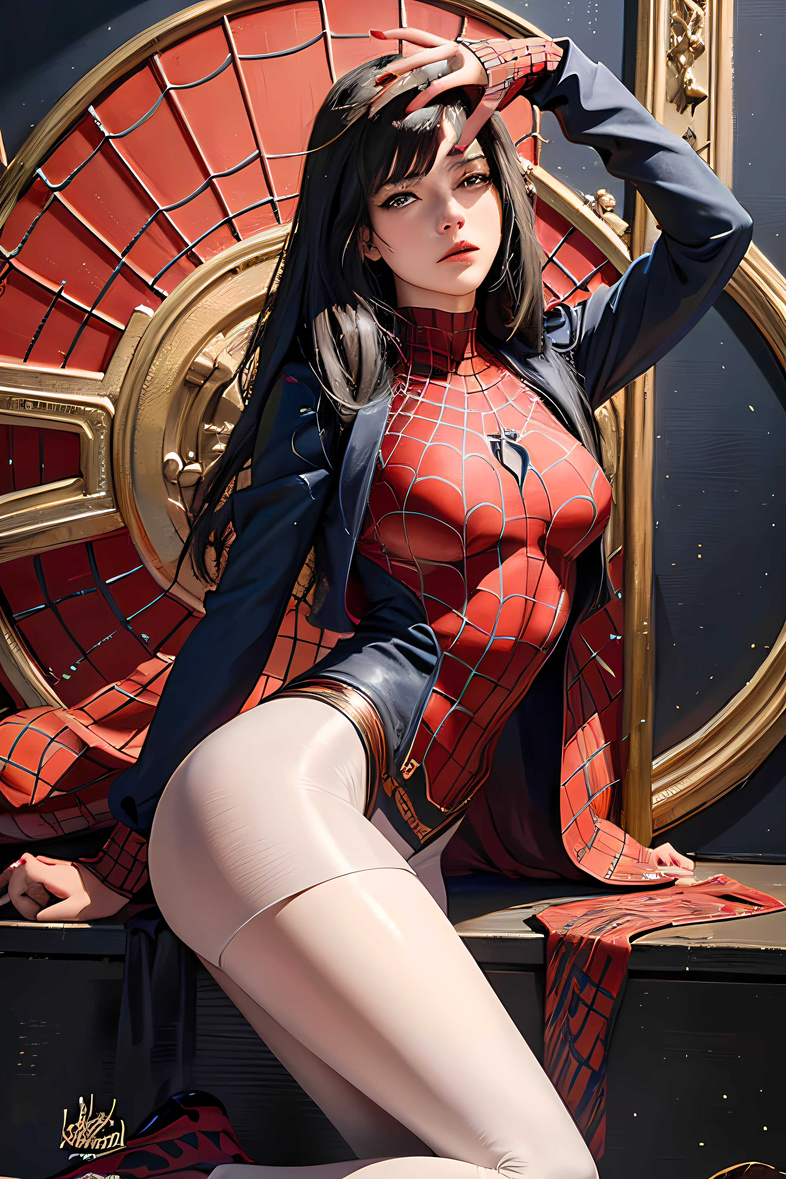 （tmasterpiece，top Quority，best qualtiy，offcial art，Beautiful and aesthetic：1.2），（1girll），Spidey，Female Spider-Man，Red Spider-Man suit，Extremely detailed，Colorful，highestdetailed，offcial art，统一 8k 壁纸，ultra - detailed，Beautiful and aesthetic，big breasts beautiful，tmasterpiece，best qualtiy，（zentangle，datura，Tangles，entangled），holy rays，gold foil，Gold leaf art，glitter drawing，Spidey，PerfectNwsjMajic