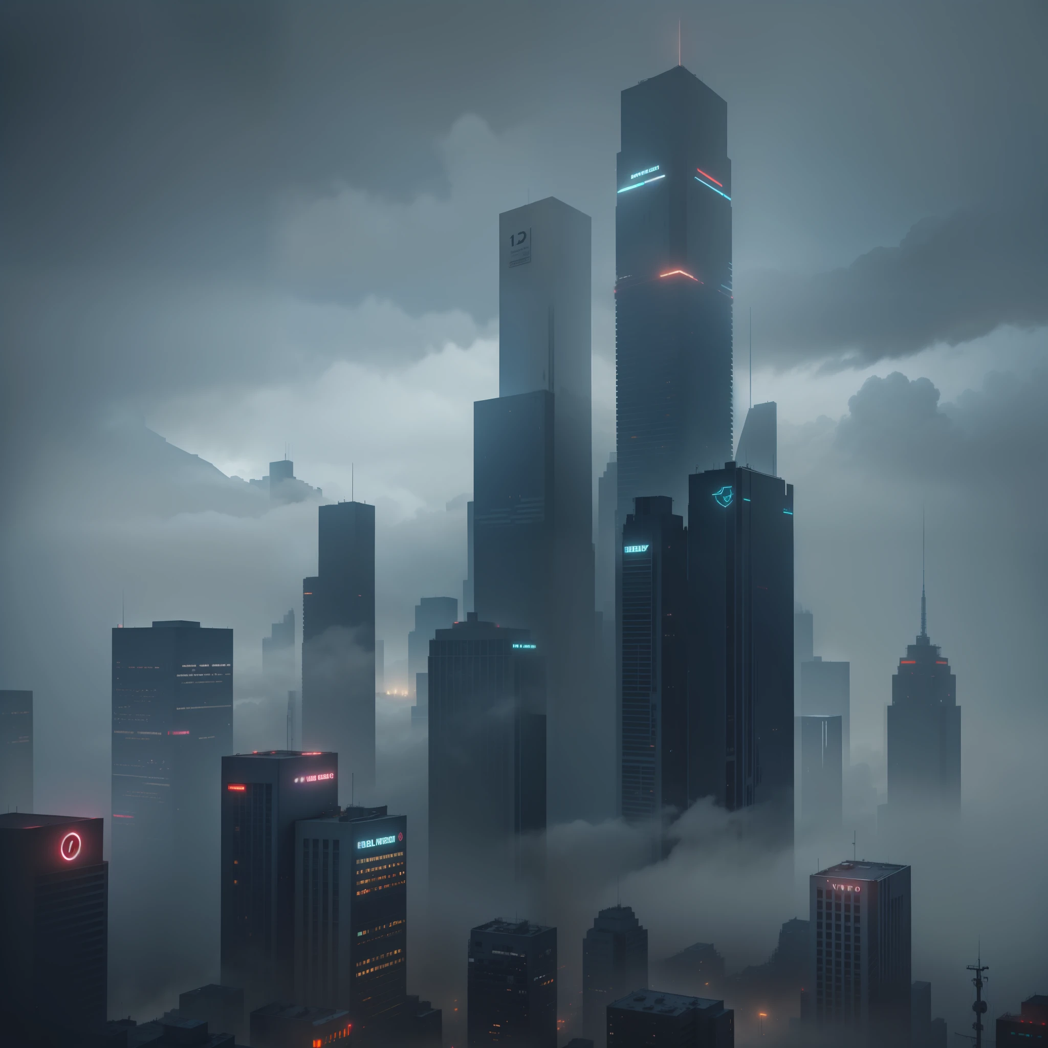 There is a photo of the city in the fog,There is a bell tower, foggy dystopian world, atmospheric establishing shot, rendering by octane. Heavy fog, dense volumetric fog, Rainy days, looming over a city, detailed atmospheric and gritty, cinematic scifi shot, foggy heavy rain, volume fog, rainy cyberpunk city, volumetric lighting and fog,Ultra HD details,4K,Diverse details
