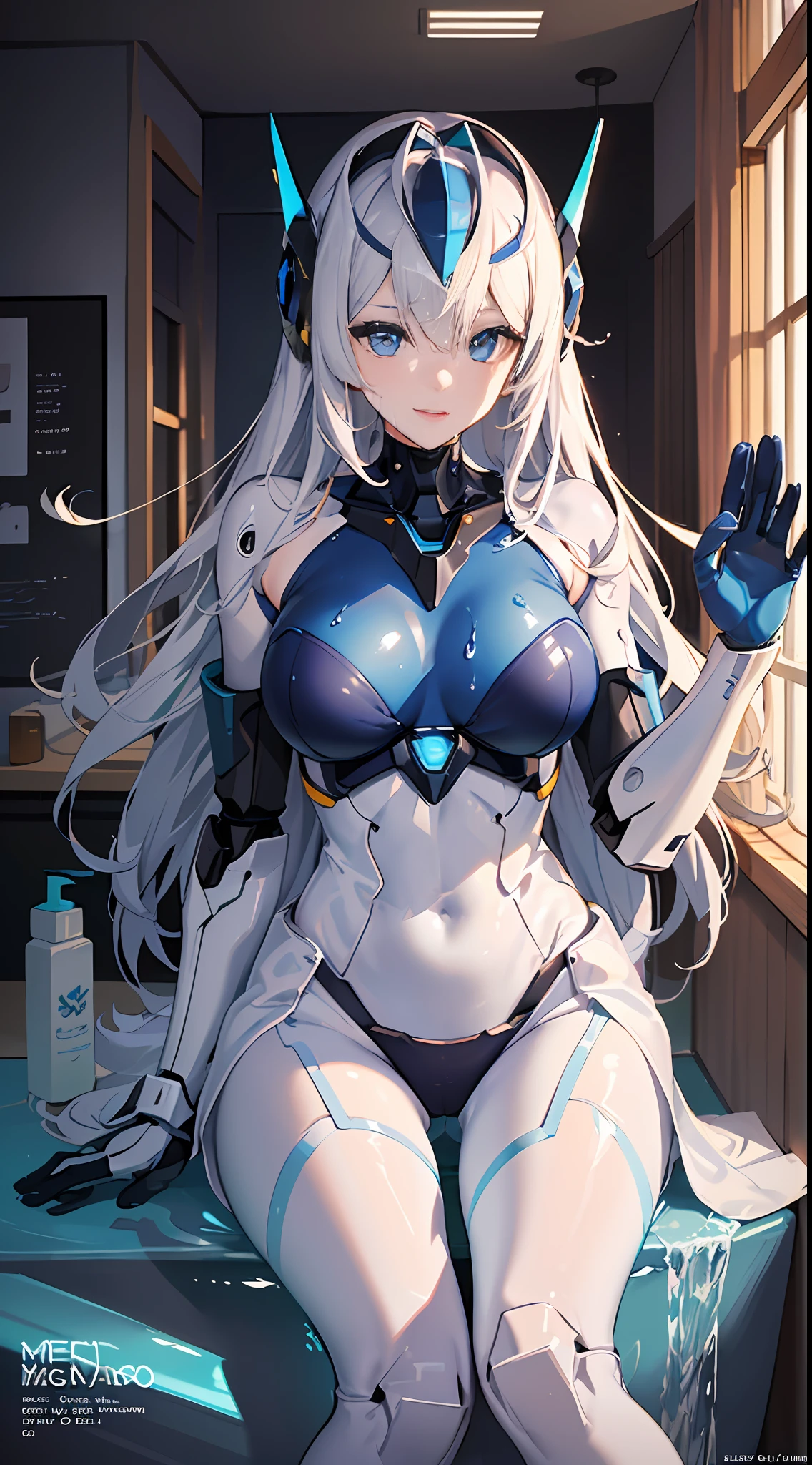 Highest image quality), (Works of masters), (Detailed eye description), (8k wallpaper), (Detailed facial depiction), Bright colors, Look at the audience, solo person,(full bodyesbian:1.1), (Sturdy stone:1.2|((Mecha body:1.1),Mecha fuselage details,drenched all over the body,(face excited),paleskin,blue colored eyes,((Masterpiece)),((Best quality)),(ultra - detailed),(illustration),((Extremely Delicately Beautiful)),(Dynamic Angle), 1girll, shampoo,toilet room, Detailed: face,long eyelasher,dim eyesight,Flawless body,Raised sexy,head gear,silber hair,White lace pantyhose ,Smooth and delicate jade feet,(taking a shower),8K,Whole body diagram,