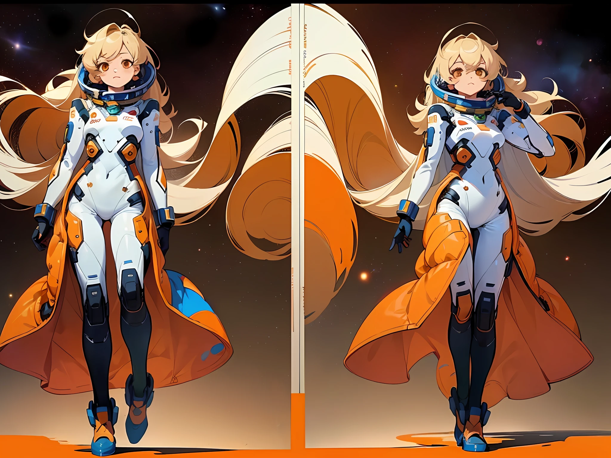((masterpiece)), (((best quality))), (character design sheet, same character full body, front, side, back), Illustration, 1 girl, dancer ,deep orange messy long hair, slanted eyes, environment change, pose kota,mars , female, decorted colorful space suits, stars, charturnbetalora, (simple background, white background: 1.3) ,--6