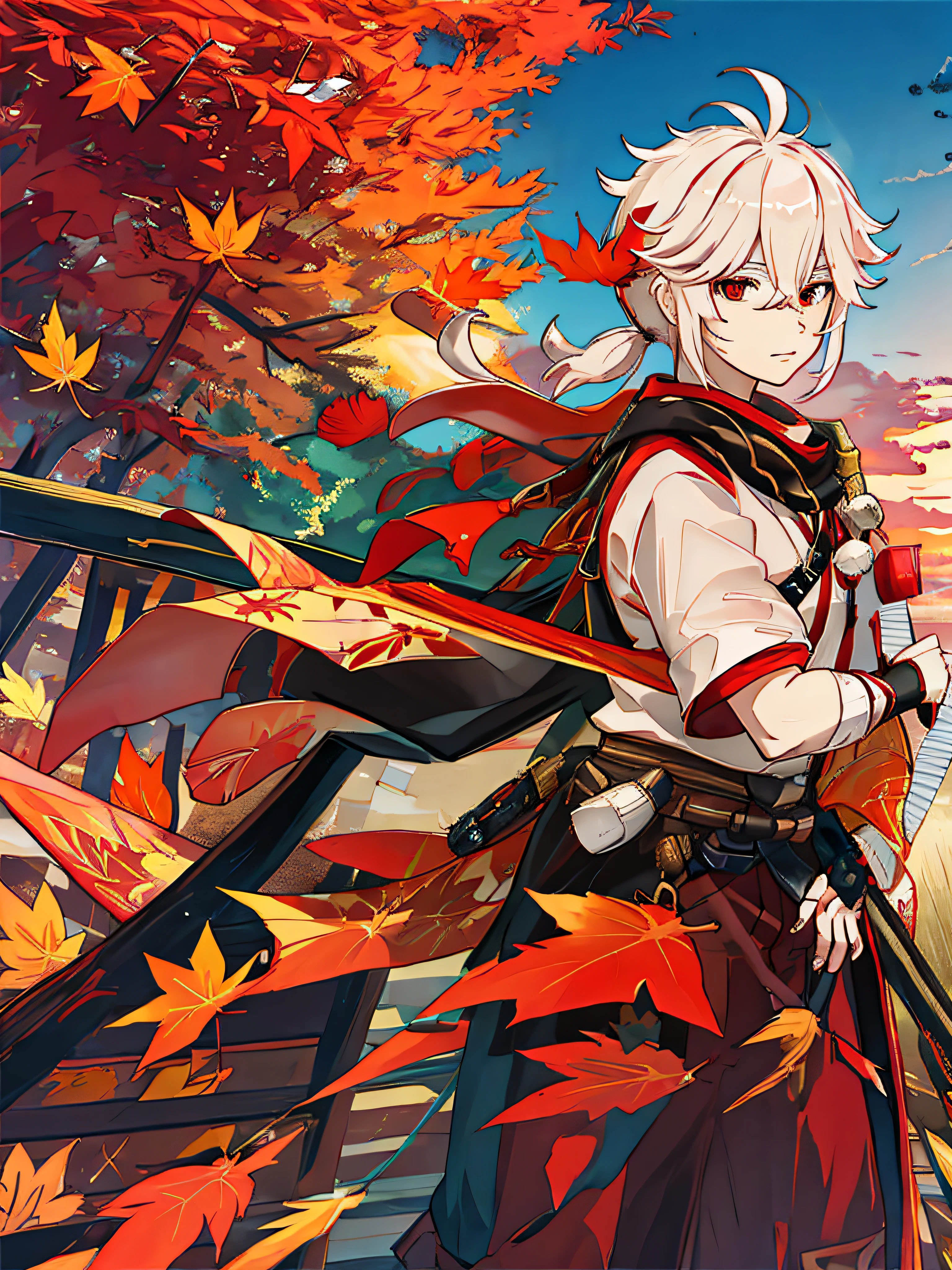 Sunset, maple leaves falling, white hair, a strand of red hair, Japanese samurai clothes, Shinkai Makoto-style sky, looking back