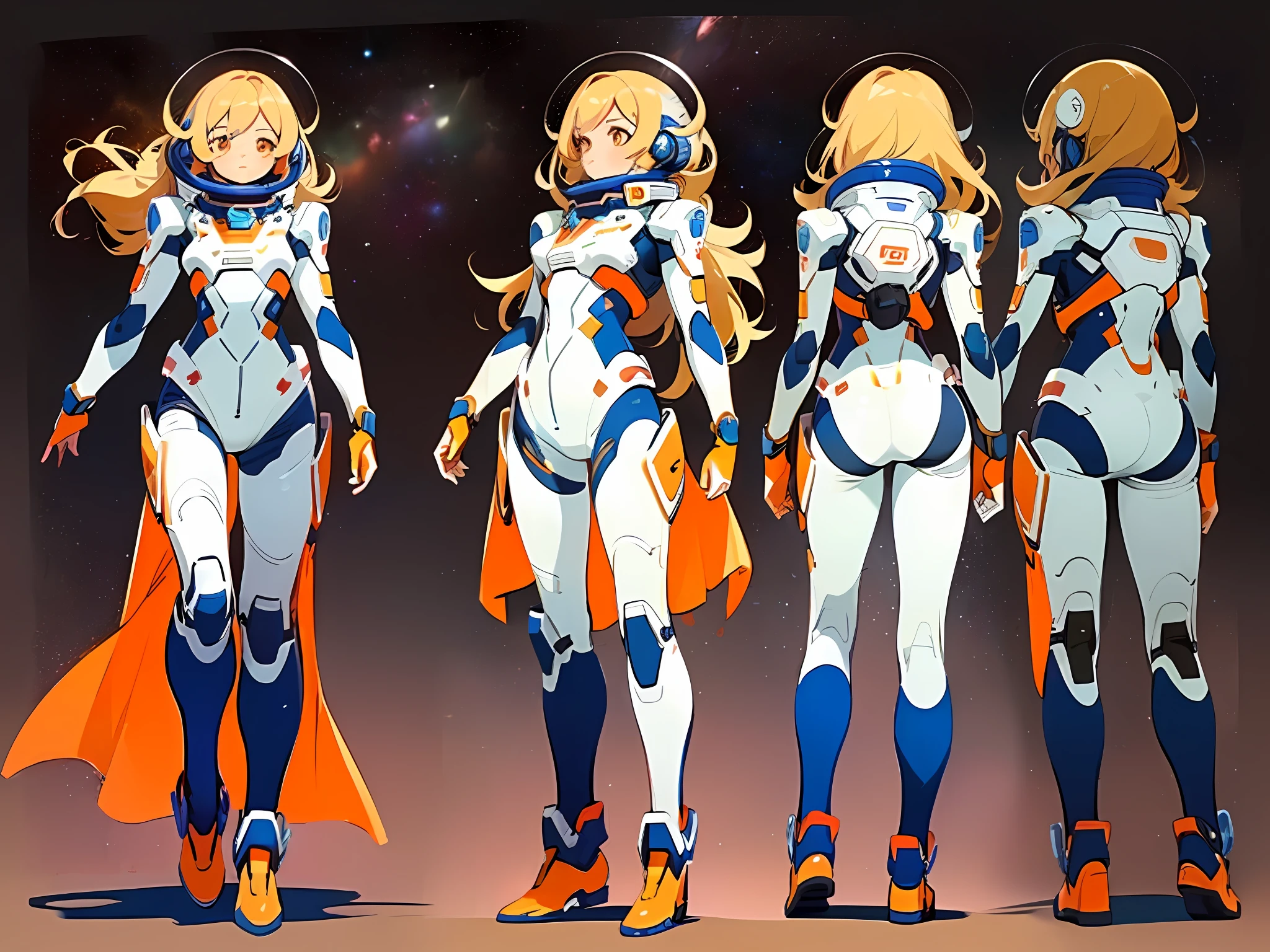 ((masterpiece)), (((best quality))), (character design sheet, same character full body, front, side, back), Illustration, 1 girl, dancer ,deep orange messy long hair, slanted eyes, environment change, pose kota,mars , female, decorted colorful space suits, stars, charturnbetalora, (simple background, white background: 1.3) ,--6