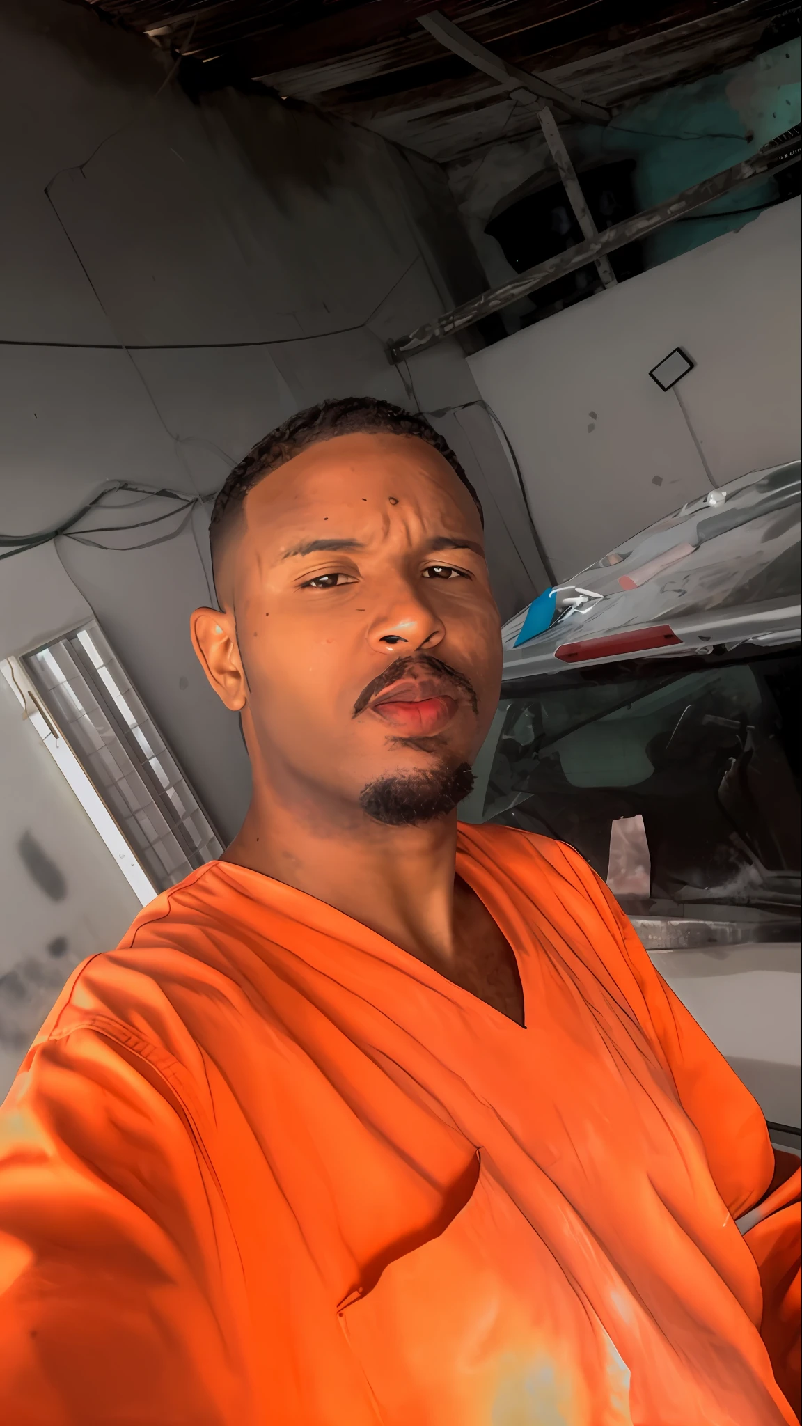 airbrush of (Jamie Foxx:Denzel Washington:0.66) as an african male of 27, buzzcut, sitting, black leather jacket, black shirt, intense, moody, background is a metro car, underground, dark, dramatic lighting, intricate, dark, (sci-fi:1.3), detailed face and eyes, higly detailed skin, 8k uhd, sharp focus, professional, best quality