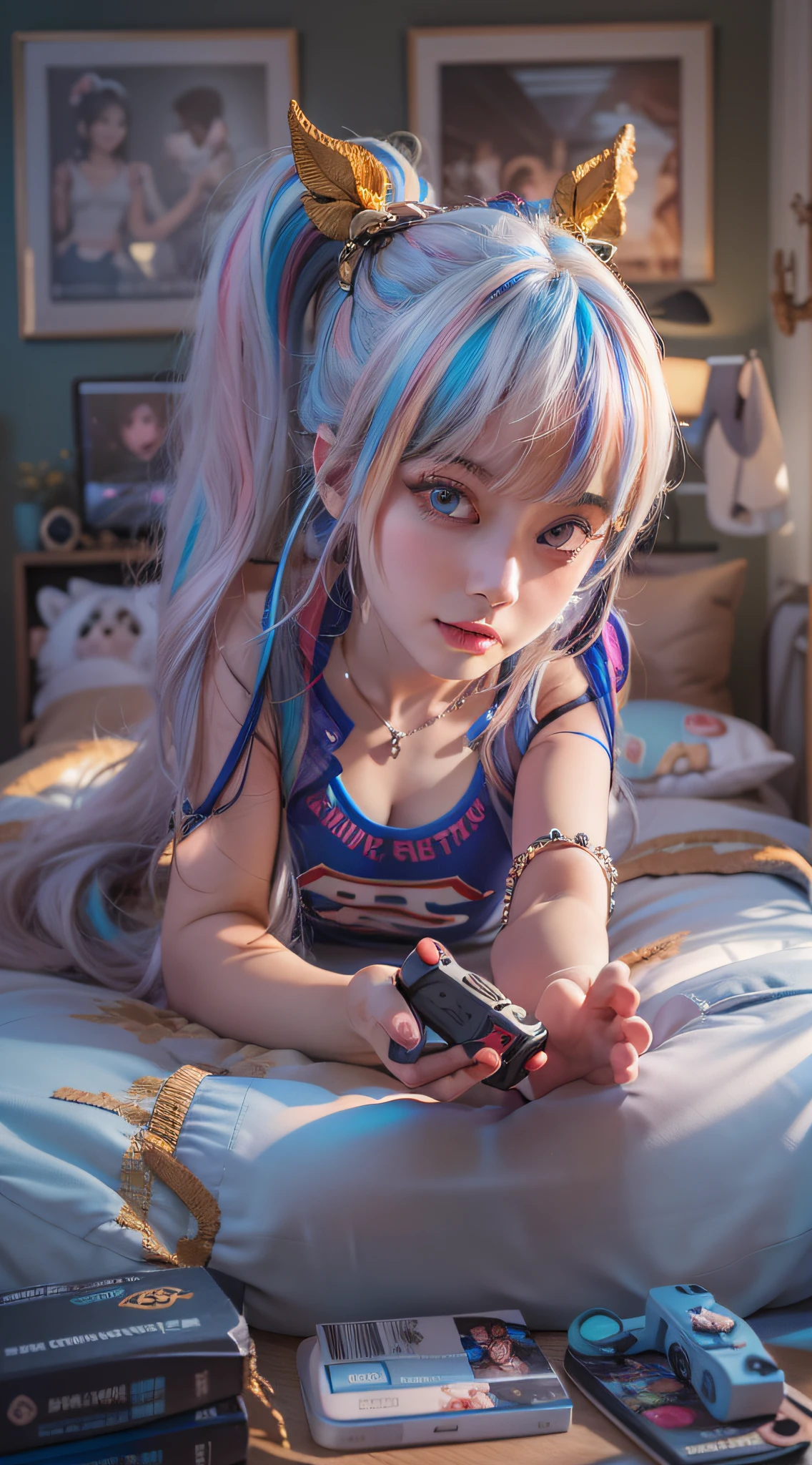 Masterpiece)), best quality, absurderes, ultra detailed, 2girls, super beautiful girls with beautiful and stunning eyes, multicolored hair and a high ponytail, nice and sexy body, (full body), (perfect anatomy), wearing sexy crop top and super tight cute boxers and beautiful hair ornament, in a beautiful bedroom with plushies, playing with a futuristic video game console