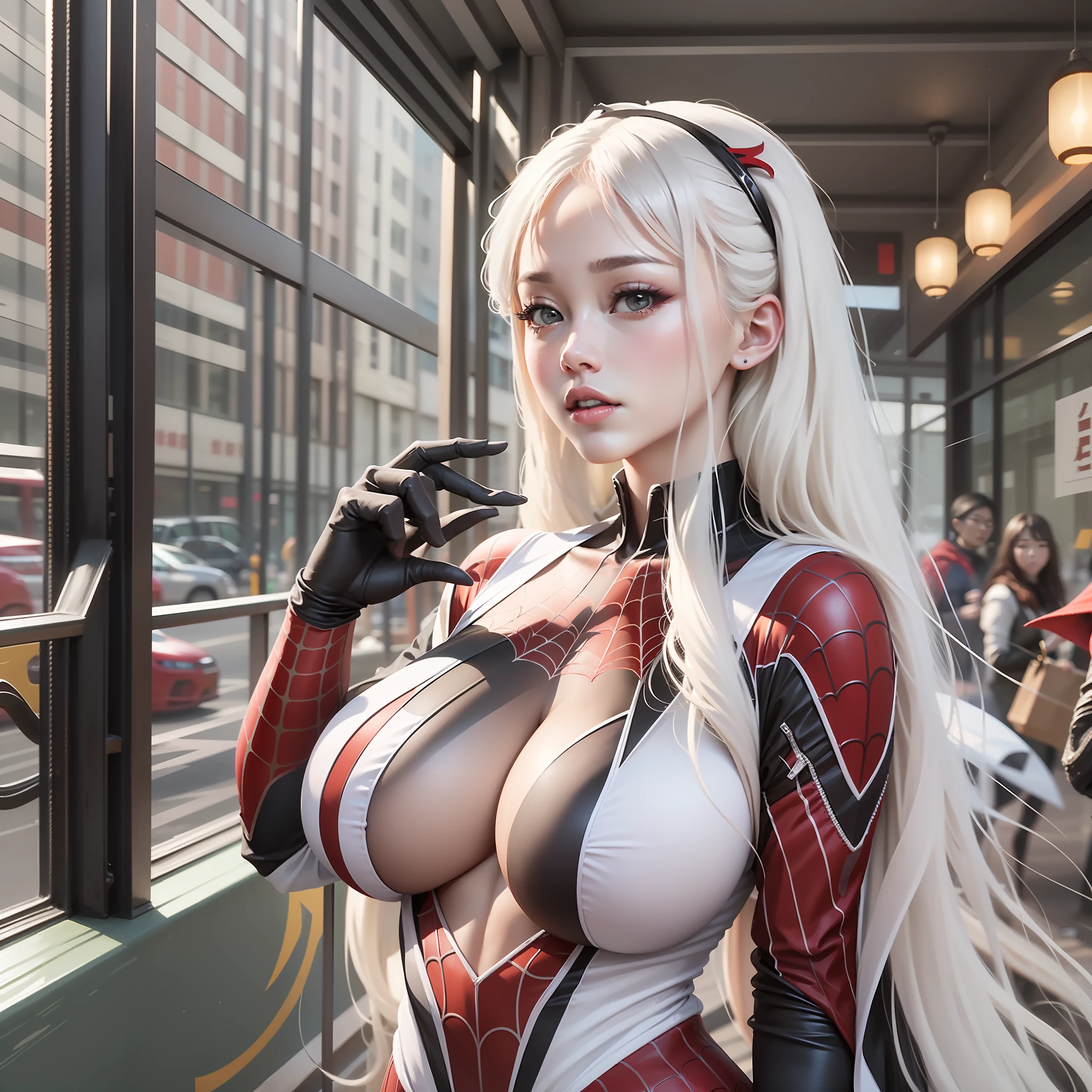 4k,realisticlying,Glamorous,The is very detailed,There is a girl in Dingcheng,wearing Spider-Man costume,she is a spiderman,white super hero theme,long white hair,25 age old,full bodyesbian,huge boob,