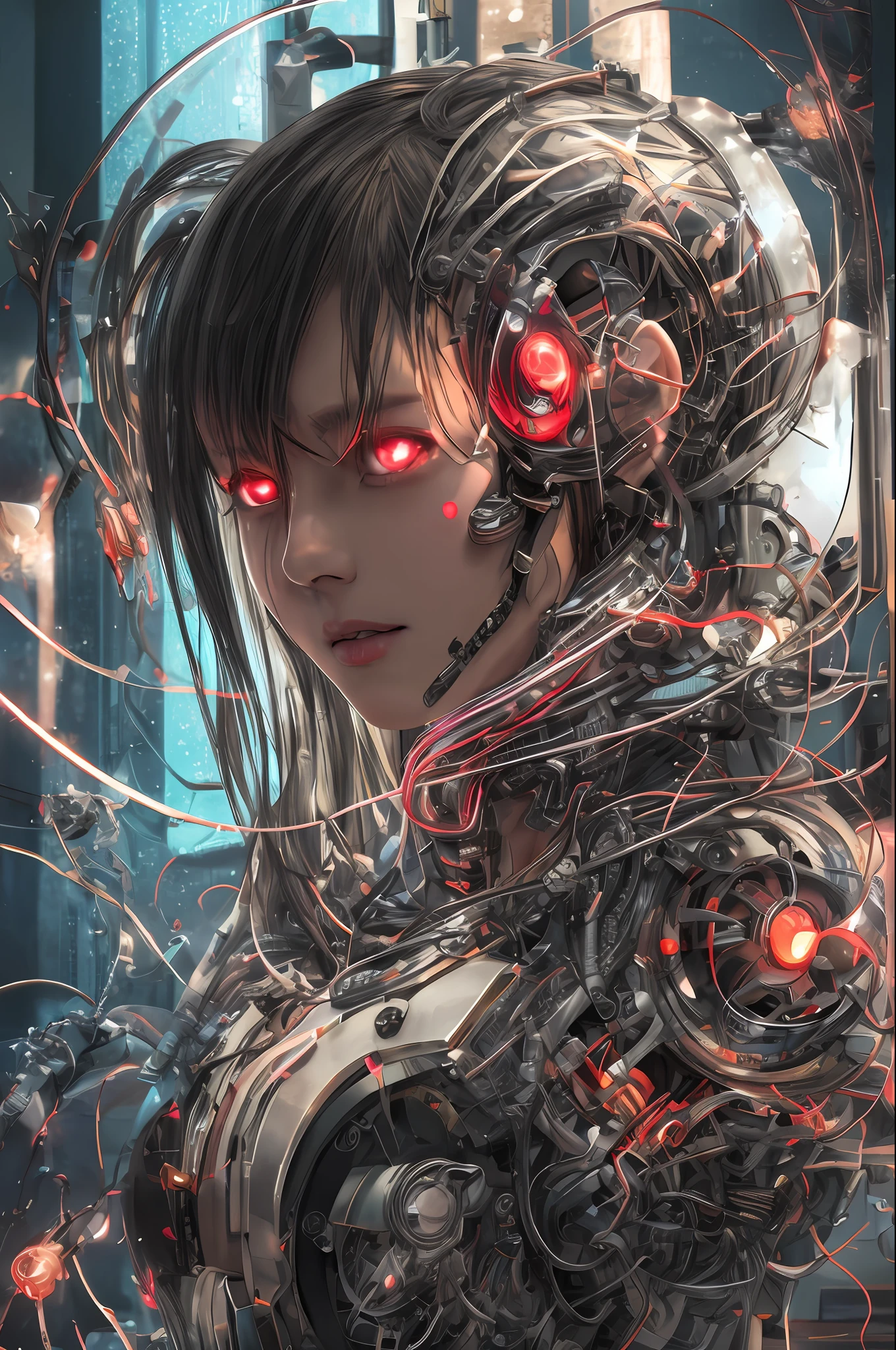 Top Quality, Masterpiece, Ultra High Resolution, (Photorealistic: 1.4), Raw Photo, 1 cyberpunk Girl, Black Hair, Glossy Skin, 1 Mechanical Girl, (Ultra Realistic Detail)), Full body, Global Illumination, Contrast, Shadows, Octane Rendering, 8K, Ultra Sharp, Cleavage Exposed, Raw Skin, Metal, Intricate Ornament Details, Japan Details, Very intricate details, realistic light, CGSoation trend, facing the camera, neon details, mechanical limbs, blood vessels connected to the tube, mechanical vertebrae attached to the back, mechanical cervical attachment to the neck, wires and cables connecting to the head, gundam, small LED lamps.