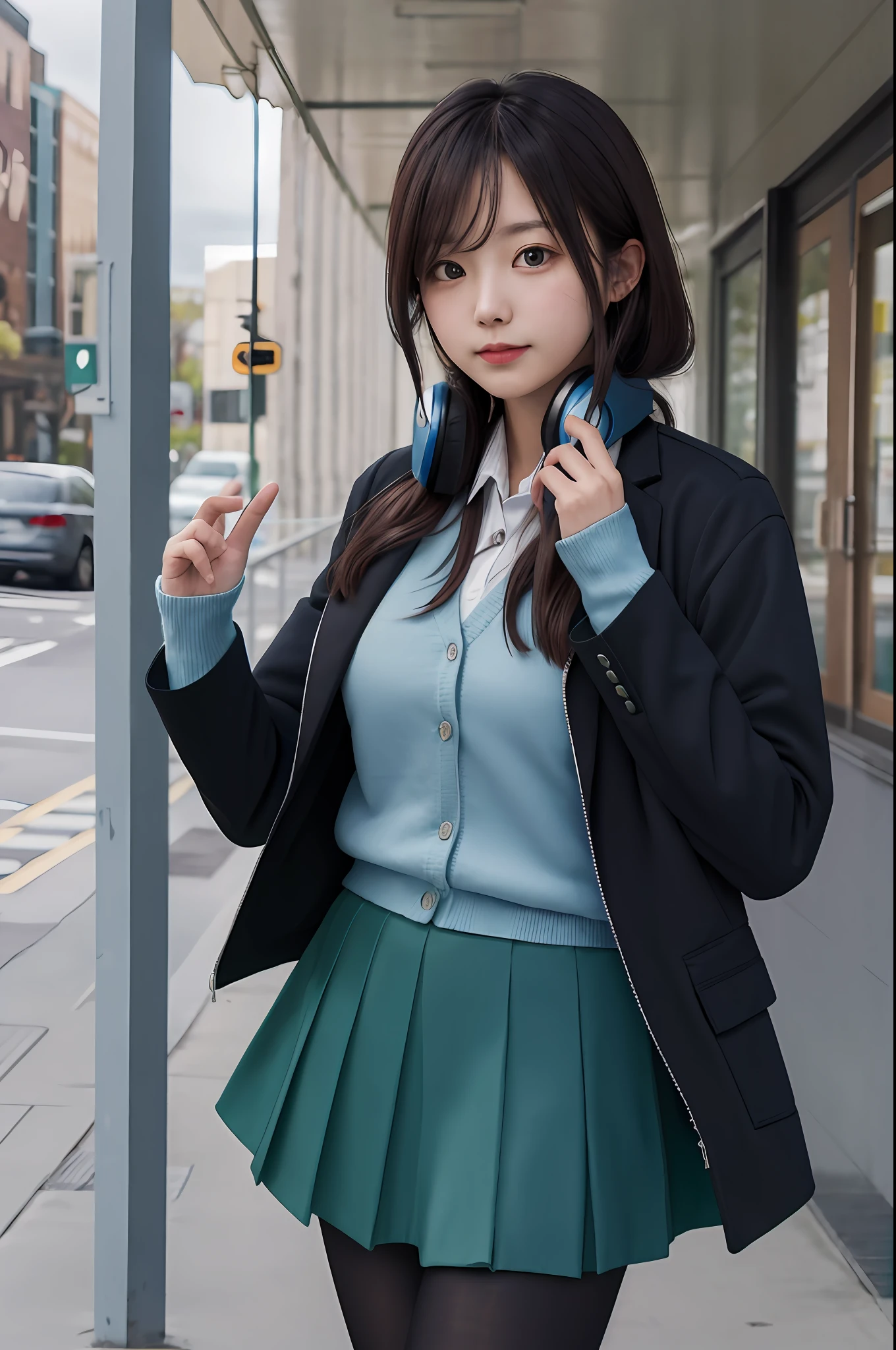 masterpiece, best quality, highres, nm1, headphones around neck, school uniform, long sleeves, blue cardigan, green skirt, pantyhose, black jacket, open jacket, cowboy shot, standing,