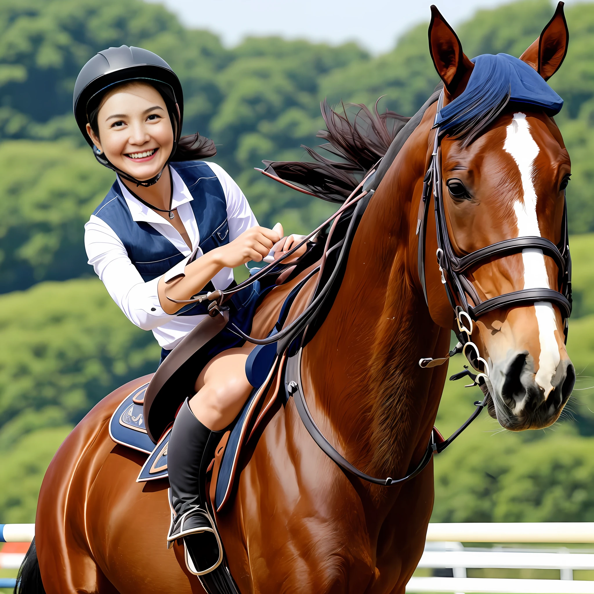 Draw the face the same as in the photo、ride horse、a smile --auto