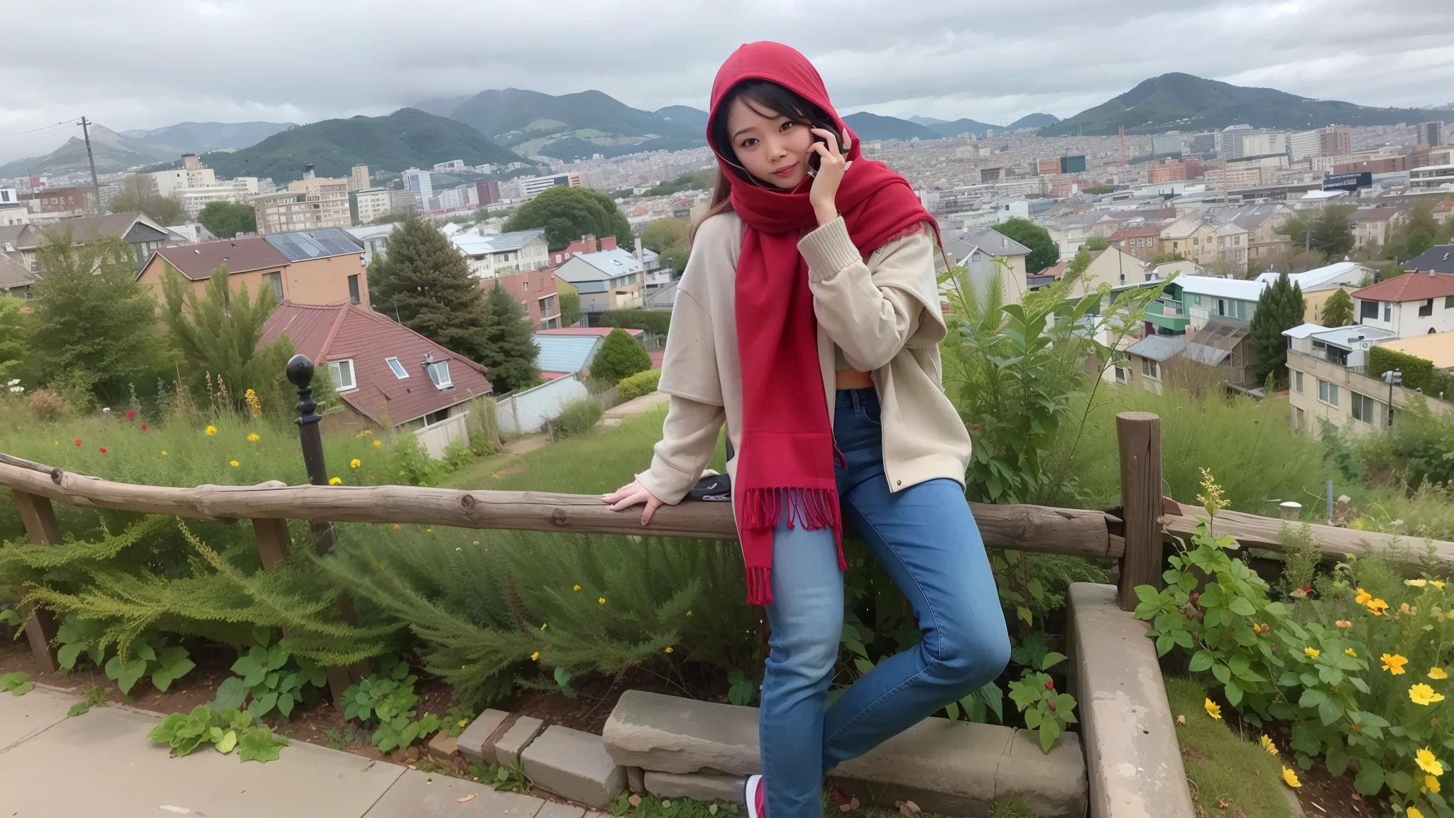 woman in red scarf and scarf sitting on a fence talking on a cell phone, red scarf, dressed in a beautiful red cloak, red silk scarf, sakimichan hdri, he‘s wearing a red scarf, wearing a scarlet hoodie, shawl, rin, fully covered, with cape, wearing a red cape, red cape, long hair shawl