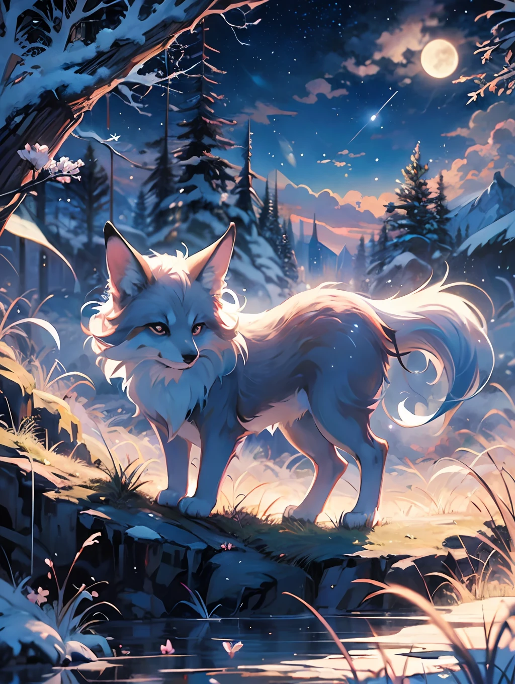 anime nine tail fox with blue eyes and forest in the background, anime nine tail fox, anime visual of a cute fox, realistic, cute detailed digital art, anime art wallpaper 4 k, anime art wallpaper 4k, very very beautiful furry art, evening time purple blue sky, Starry sky, 4 k manga wallpaper, cute ,anime art wallpaper 8 k