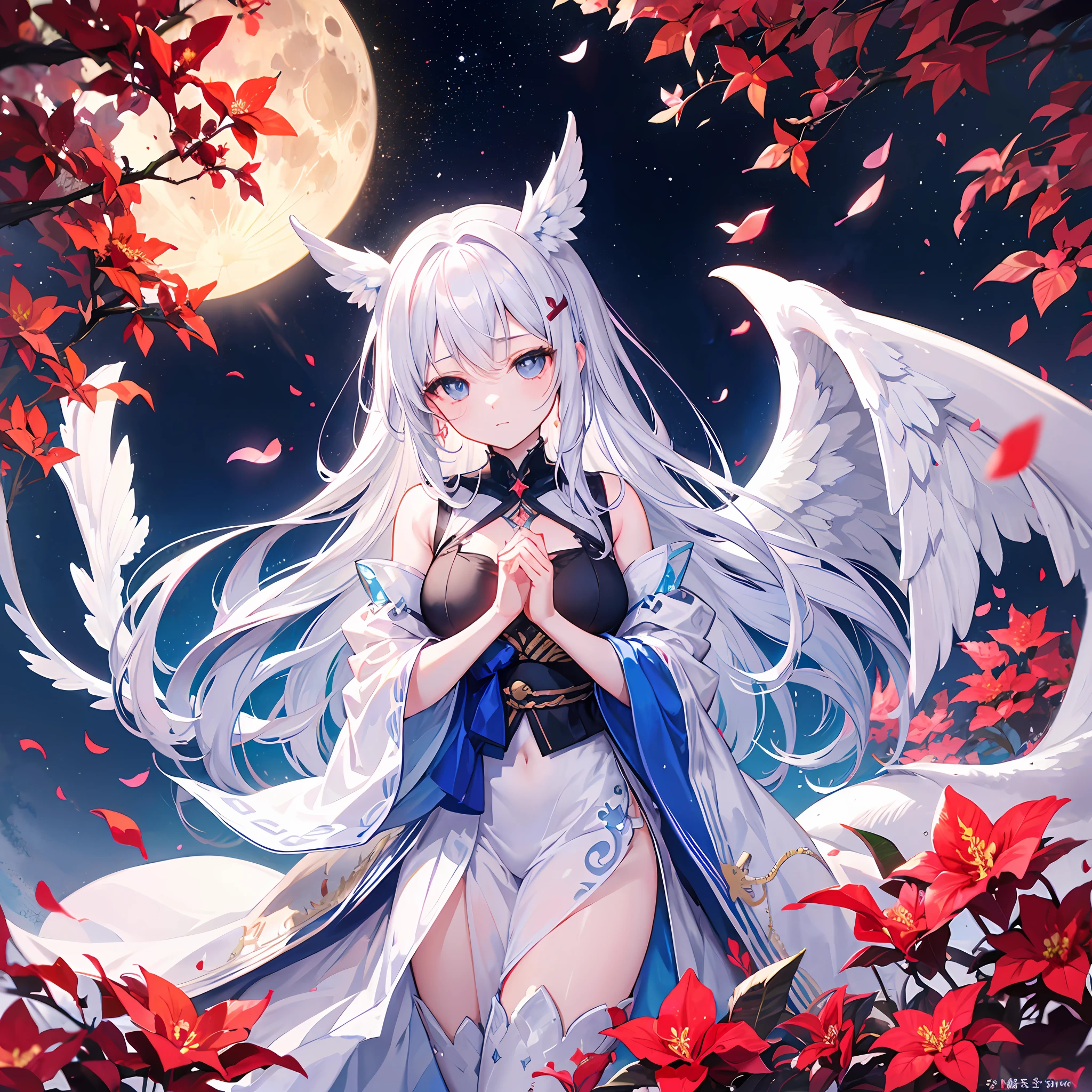 high-level image quality、hiquality、masterpiece、Fantastical、Glittering poinsettia、Petals flutter、Dynamism、One Girl With Silver Hair、Sparkling eyes、Eyes that seem to be sucked in、Air bubbles、Dramatic、stroking the cheek with your hand、Enlarge your face、Moon Night、Big Full Moon、Four big wings like an angel、Heavenly daughter、Rin々Shishi Face、Long-bodied fox、The moment of becoming a dragon from a person、Leprechaun、White Dragon