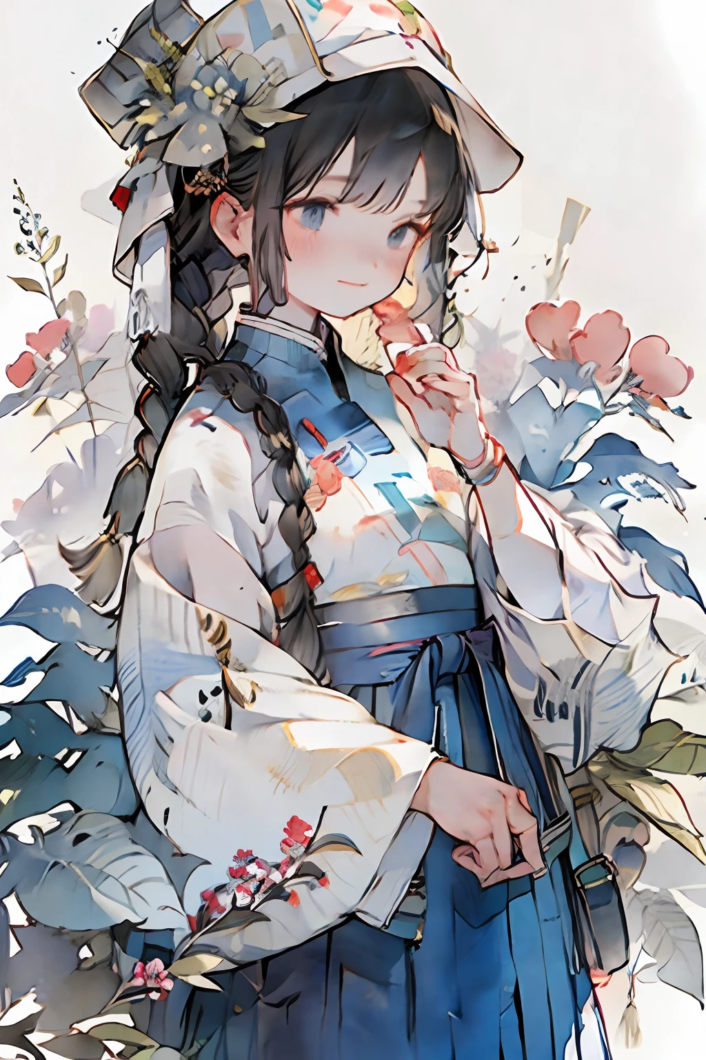 1girl,solo,pigtails,jewely,Blushlush,耳Nipple Ring,blossoms,By bangs,Printing,looking at viewert,ssmile,long whitr hair,longer sleeves,florest background,The upper part of the body,shift dresses,Wrist watch,bangle,puff sleeves,Wrist watch,brunette color hair, shawl, single braid, ribbon, flor branca, shairband, Keep one's mouth shut, Raise Hand, Braided ponytail, Hanfu, whiteskirt, bluedress, Hand on chin, Traditional media, Brown hair mix4,ulzzang-6500-v1.1, pureerosface_v1, 1girl, beautiful vintage color, instagram(真实感,A high resolution:1.4),((puffy eye)),(8k,RAW photos,best qualtiy,tmasterpiece:1.2),(realisticlying, realisticlying:1.37),realisticlying,(tmasterpiece:1.4),(Best Picture Quality:1.4),(shiny skins),,Makeup,Redlip,ssmile(being thin,Keep one's mouth shut,is shy,:1.3), Hmong,garments、head gear、耳Nipple Ring