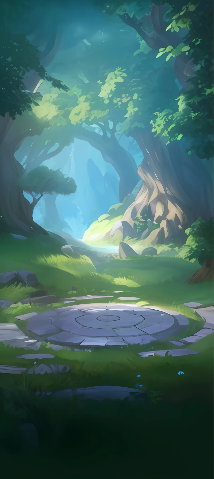 Anime scene of a circular stone road in the forest, odin's stone arena background, Blizzard Hearthstone concept art, hearthstone concept art, arte de fundo, Stylized concept art, background artwork, elf forest background, concept art magical highlight, painted as a game concept art, stunning arcanum backdrop, Sylvan Grade, League of Legends concept art, fantasy forest environment