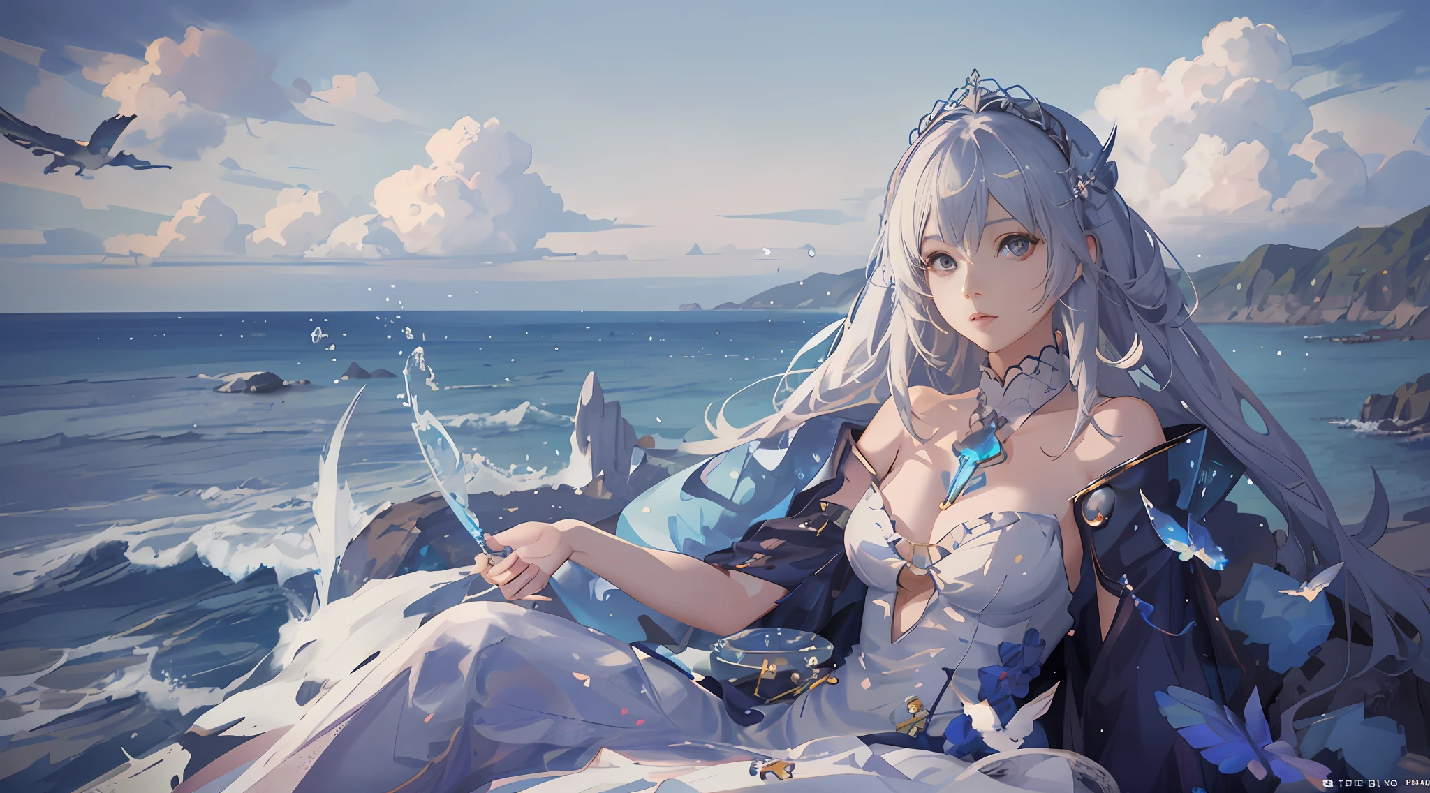 Anime girl sitting on a rock by the sea，Guweiz in Pixiv ArtStation, Guweiz on ArtStation Pixiv, trending on artstation pixiv, Guviz-style artwork, Detailed digital anime art, Digital art on Pixiv, Kushatt Krenz Key Art Women, Guviz