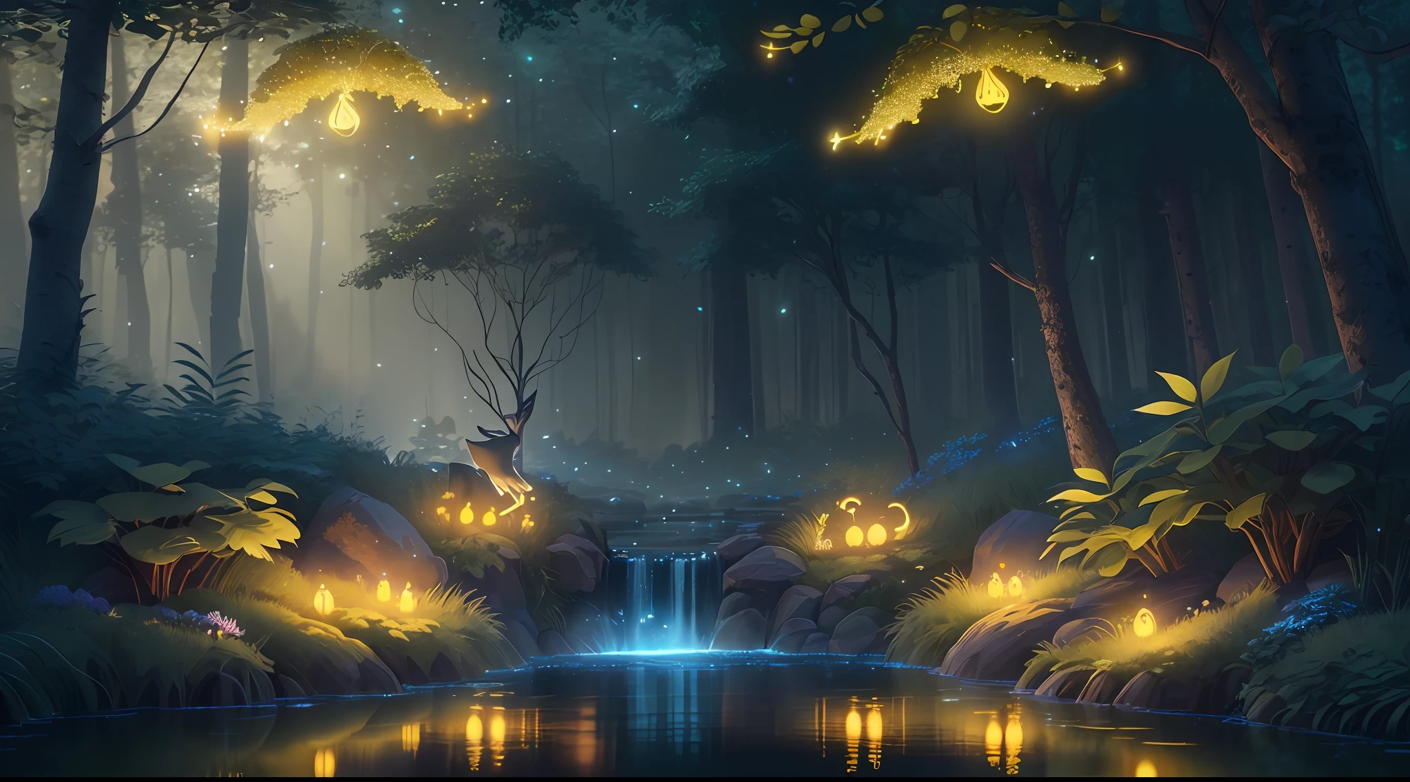 Masterpiece, best quality, (very detailed CG unity 8k wallpaper), (best quality), (best illustration), (best shadows), glow sprite, with a glowing deer, in the swimming pool Drinking water, natural elements in the forest theme. Mysterious forest, beautiful forest, nature, surrounded by flowers, delicate leaves and branches surrounded by fireflies (natural elements), (jungle theme), (leaves), (twigs), (fireflies), (particle effects) etc. 3D , Octane rendering, ray tracing, super detailed