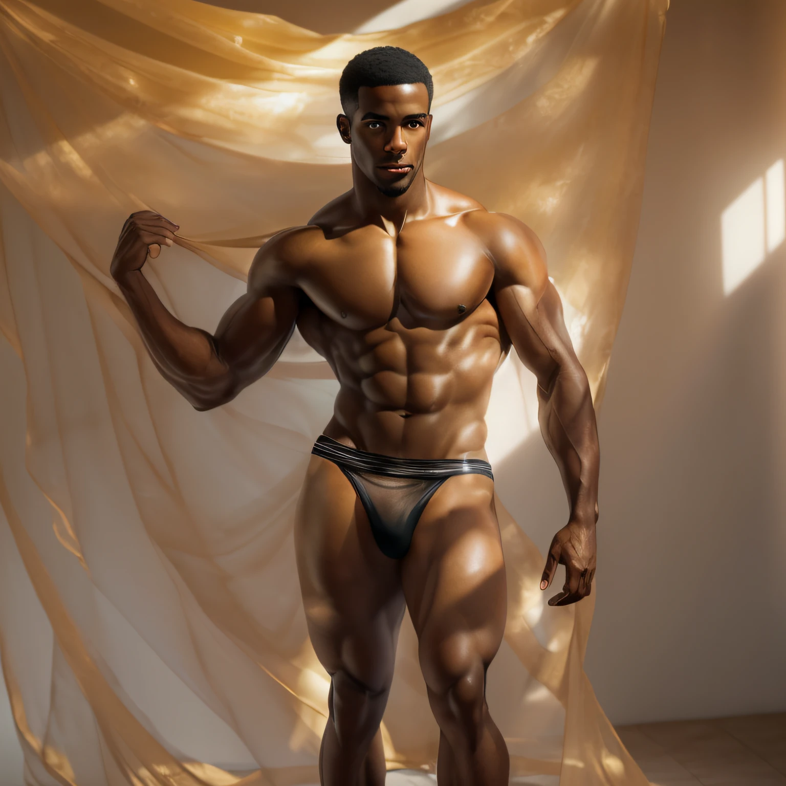 (an incredibly beautiful sculpture),(best illumination, golden light, brightly shining),(a handsome muscular black man with a tiny waist),(sheer transparent gauze fabric:1.2),(naked:1.2),(standing),(gazing), alluring stance