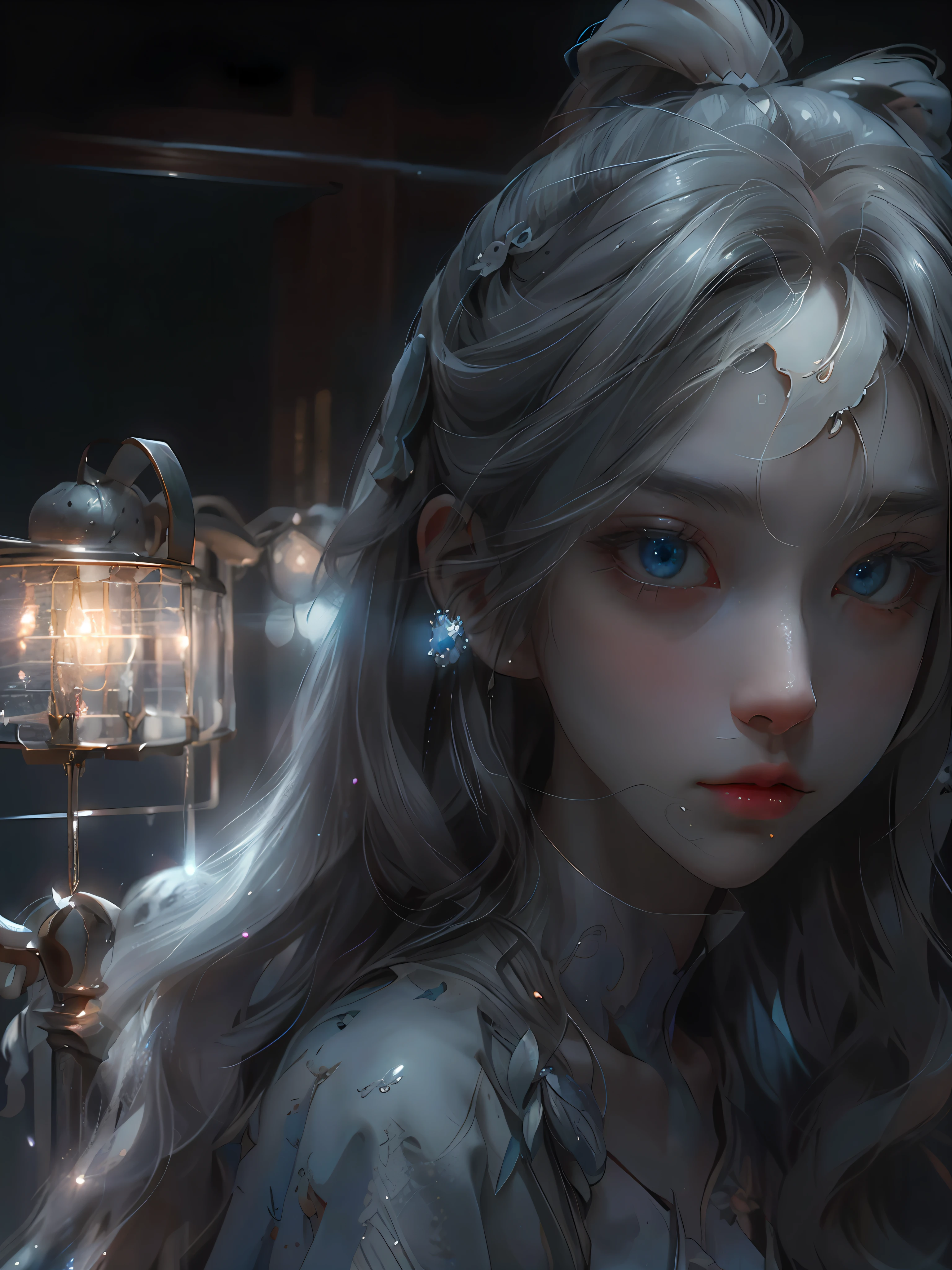 Masterpiece, (Best Quality: 1.2), (Super Fine: 1.2), Illustration, (Extremely Delicate and Beautiful: 1.2), Film Angle, Floating, (Beautiful Detail Eye: 1.1), (Detail Light: 1.1), Film Lights, Delicate Sky, Woman, White Hair, Blue Eyes, (High Ponytail: 1.1), Cloak, Glowing Eyes, (Moon: 1.2), (Moonlight: 1.1), Starry Sky, (Light Particles: 1.1), Fog , snow painting, sketching, blooming