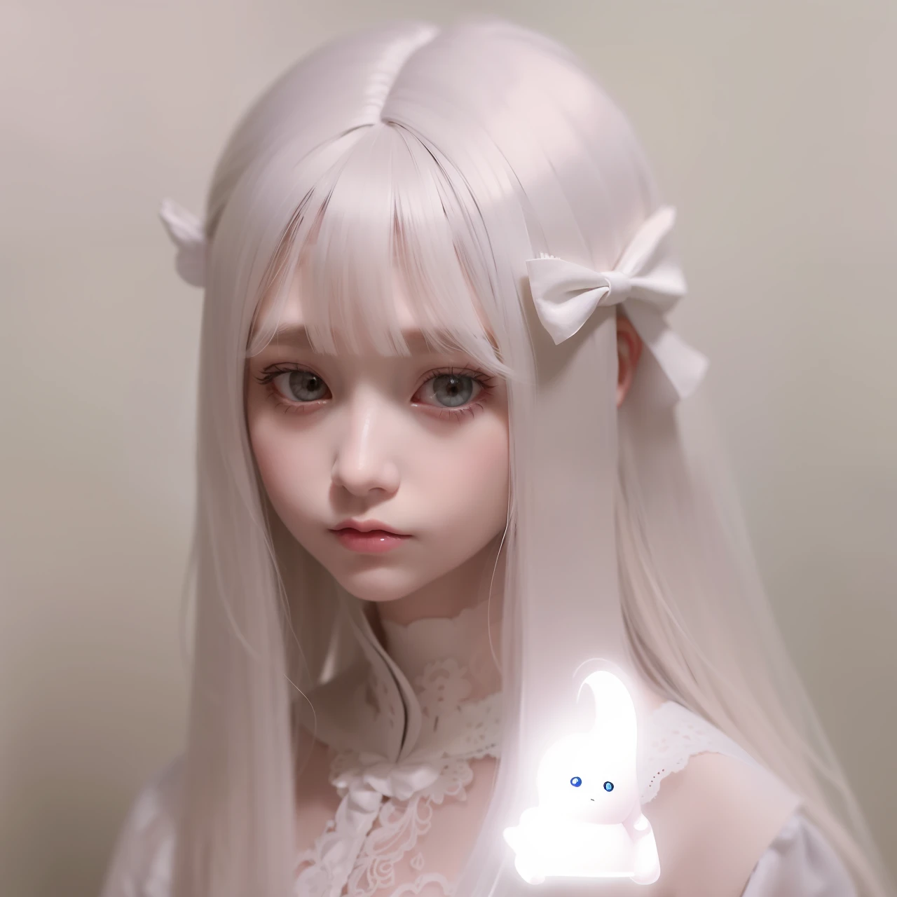 There is a doll with a pink bow on her head, porcelain white face, pale porcelain white skin, white-hair pretty face, Porcelain white skin, Kawaii realistic portrait, belle delphine, pale milky white porcelain skin, pale young ghost girl, Girl with white hair, white hime cut hairstyle, anime barbie doll, long white hair, china doll face,Hair is distinct